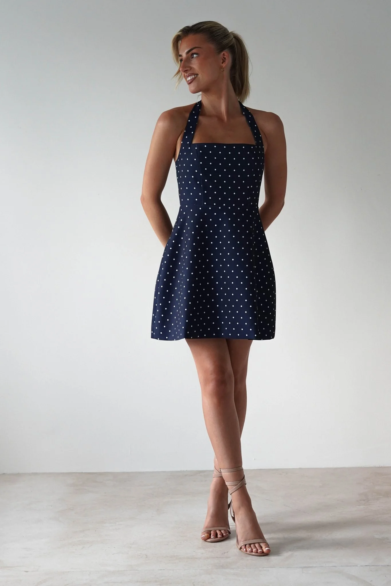 Isobel Polka Dot Halterneck Mini Dress | Navy - Image 7
