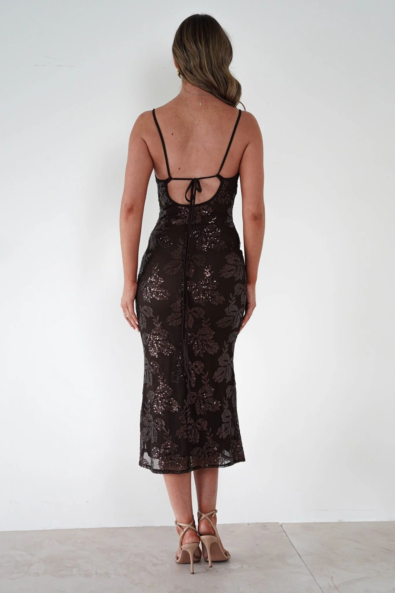 Jayna Sequin Floral Cowl Neck Midi Dress | Brown - Image 3