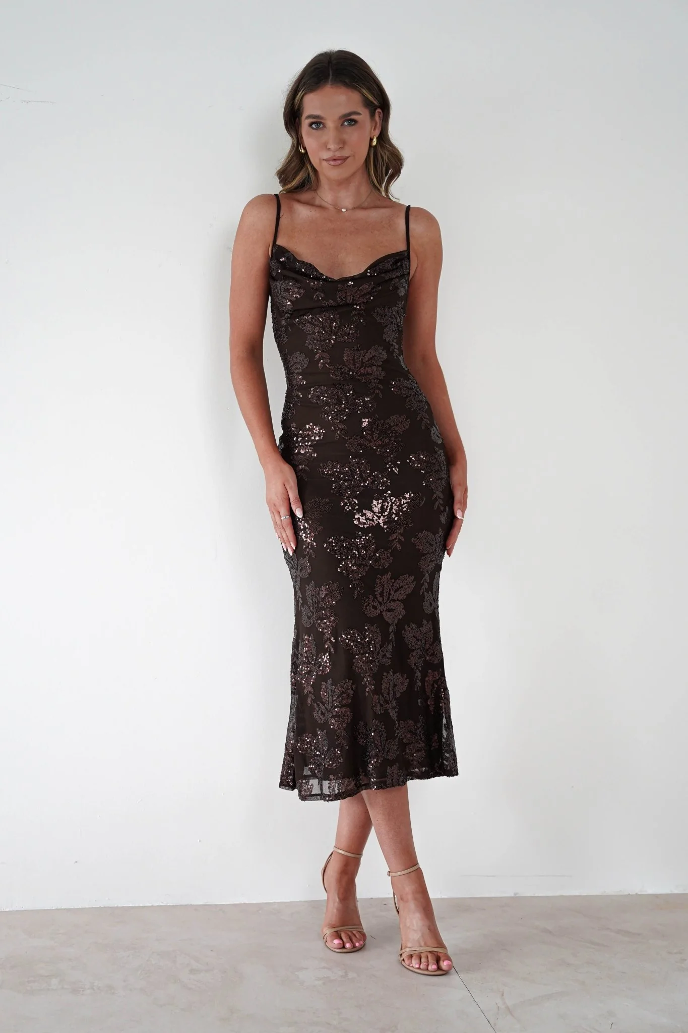 Jayna Sequin Floral Cowl Neck Midi Dress | Brown - Image 4