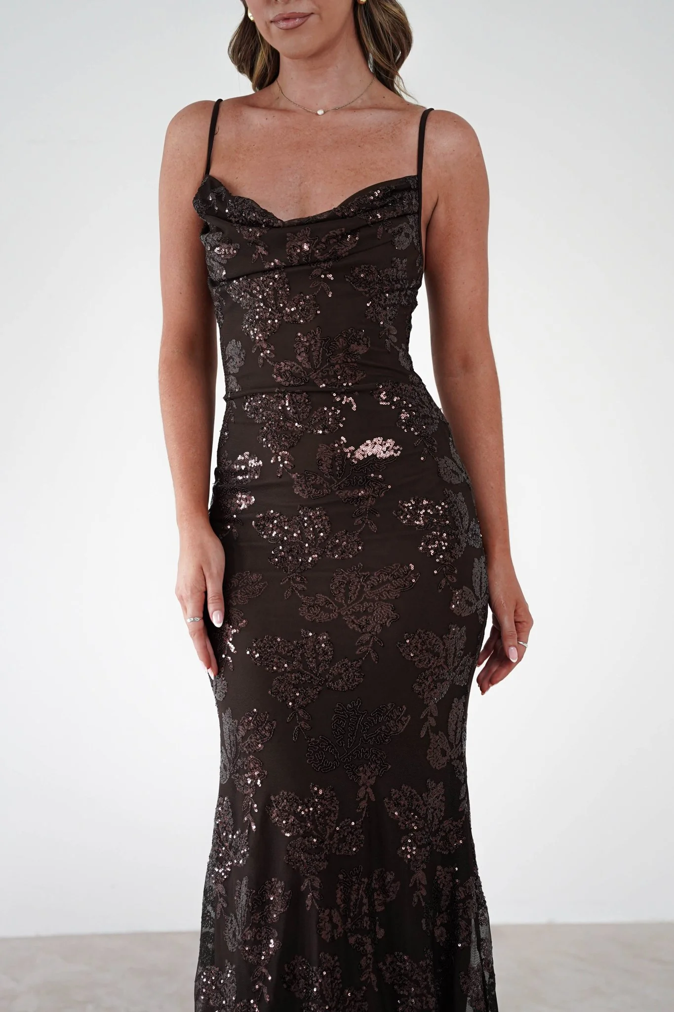 Jayna Sequin Floral Cowl Neck Midi Dress | Brown - Image 7