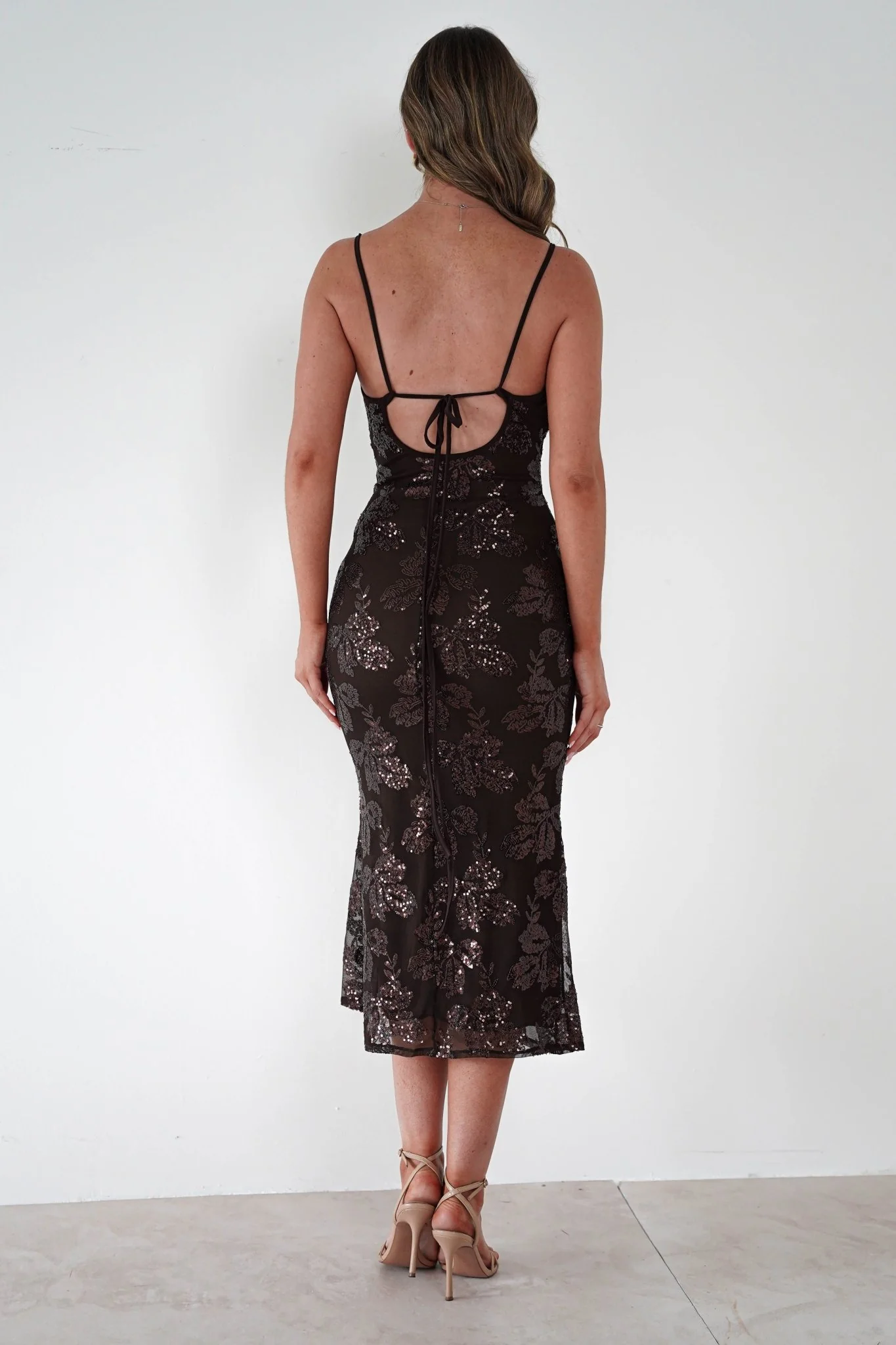 Jayna Sequin Floral Cowl Neck Midi Dress | Brown - Image 8