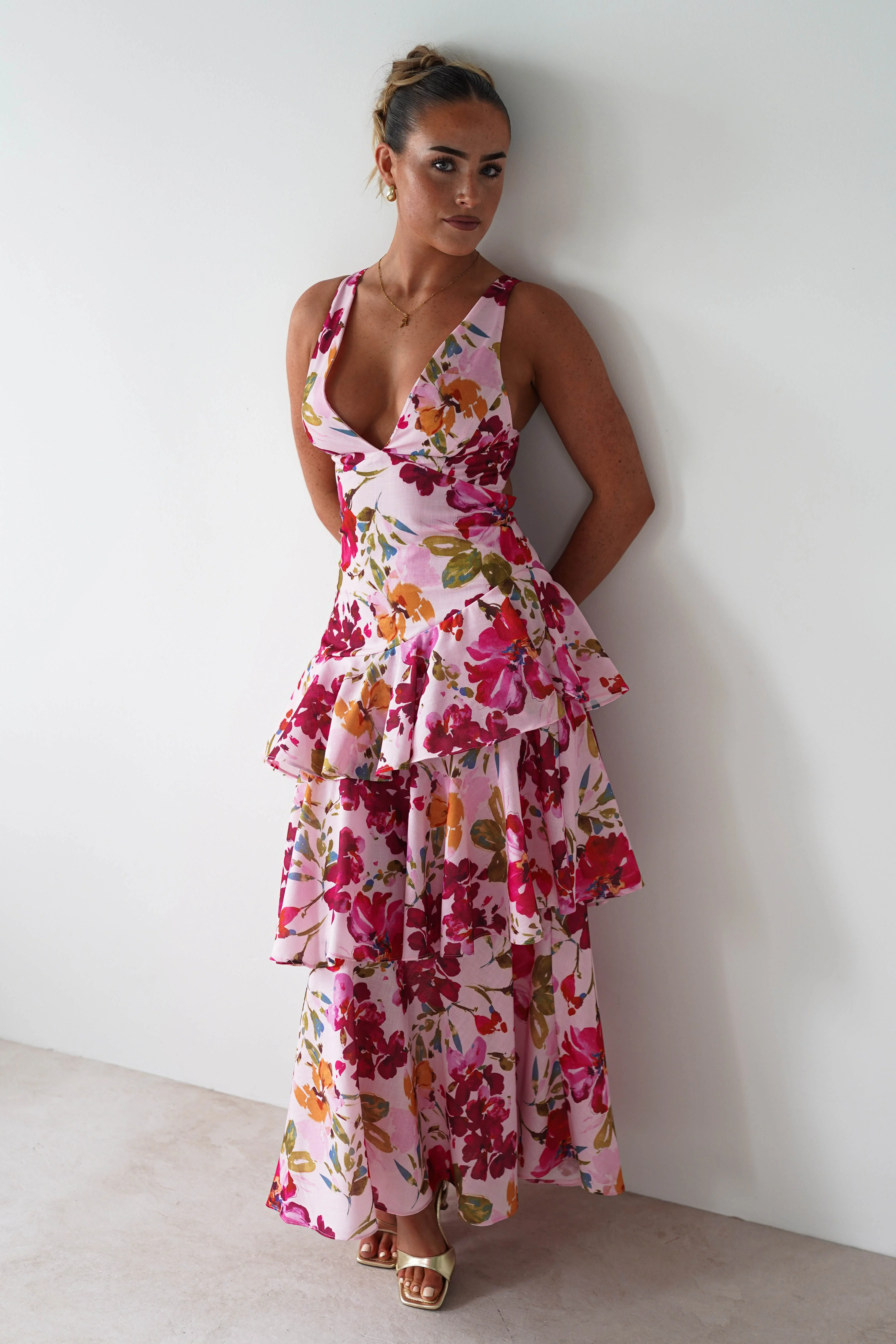 Katrina Floral Print Cotton Ruffle Maxi Dress | Pink - Image 10