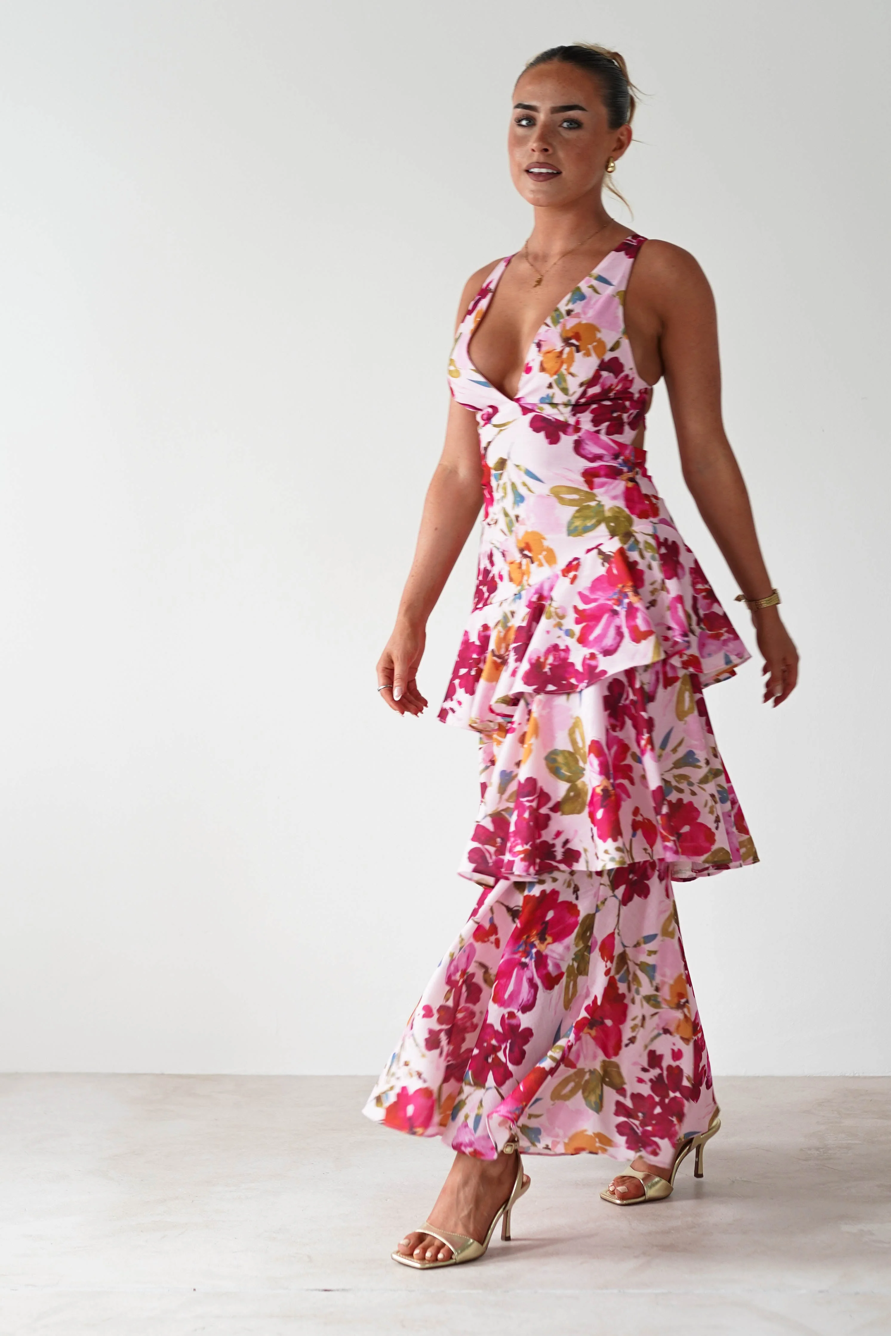 Katrina Floral Print Cotton Ruffle Maxi Dress | Pink - Image 11