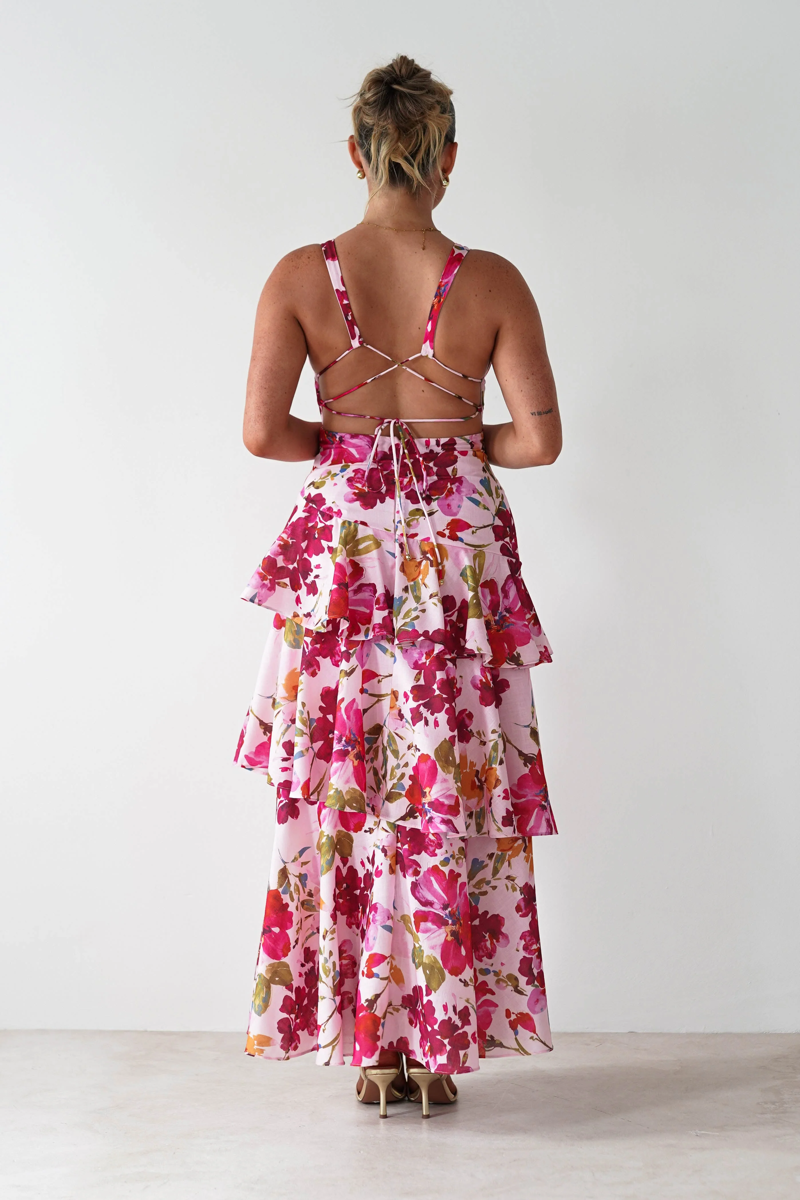Katrina Floral Print Cotton Ruffle Maxi Dress | Pink - Image 3