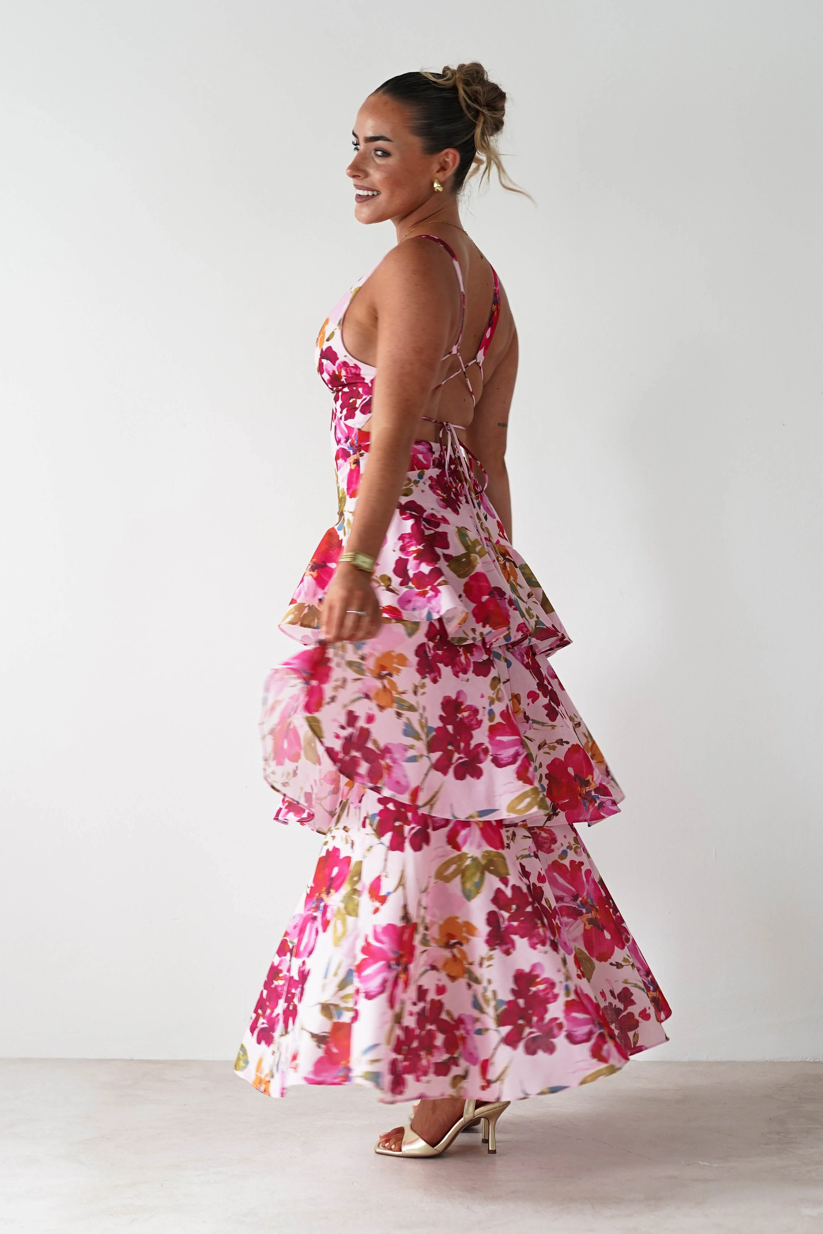 Katrina Floral Print Cotton Ruffle Maxi Dress | Pink - Image 4