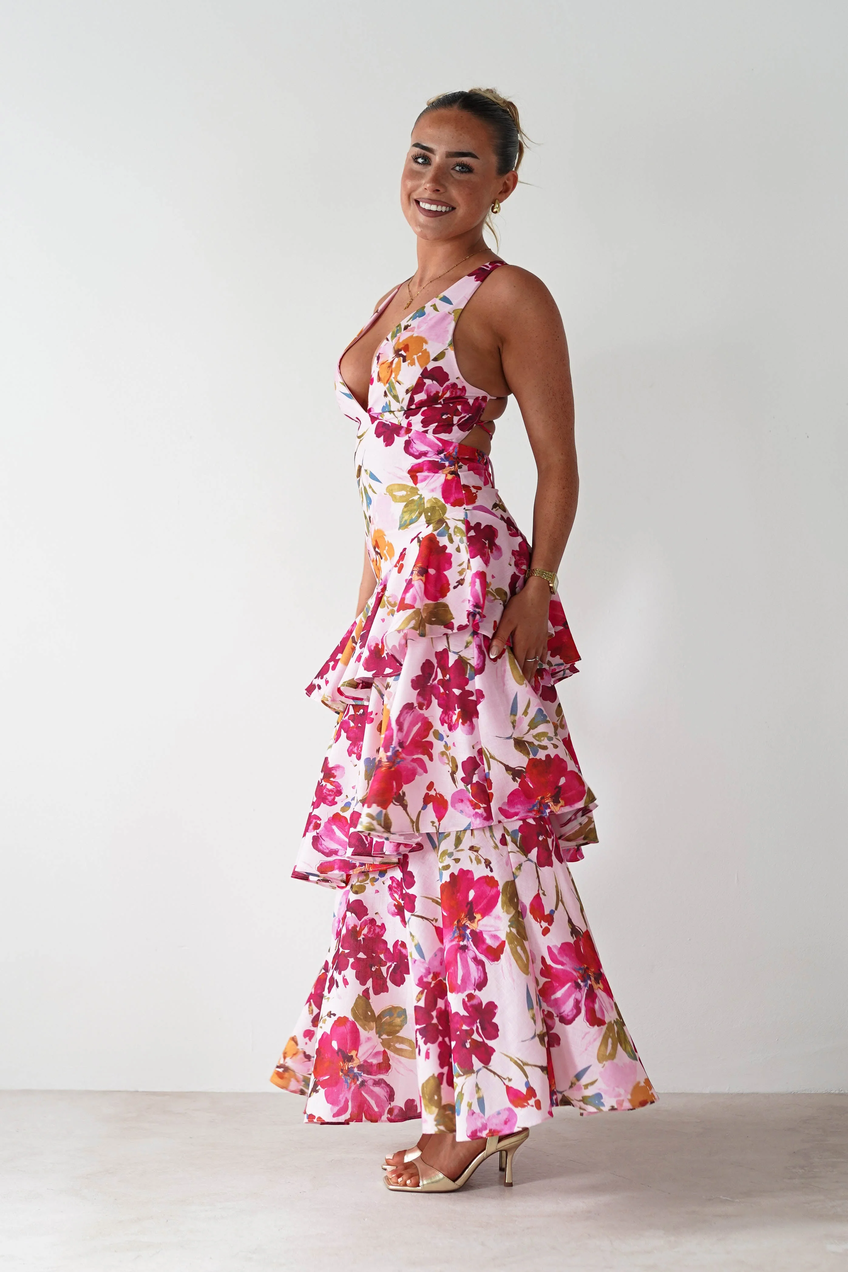 Katrina Floral Print Cotton Ruffle Maxi Dress | Pink - Image 5