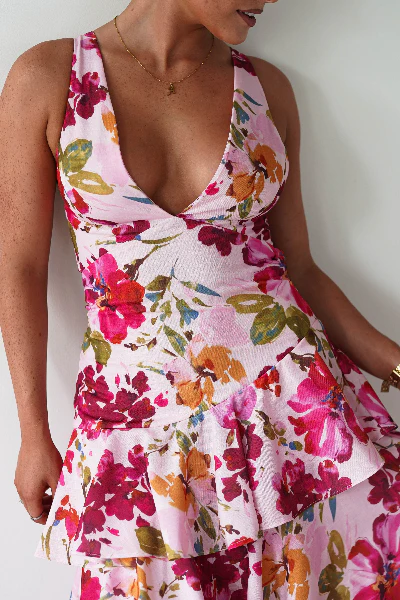 Katrina Floral Print Cotton Ruffle Maxi Dress | Pink - Image 8