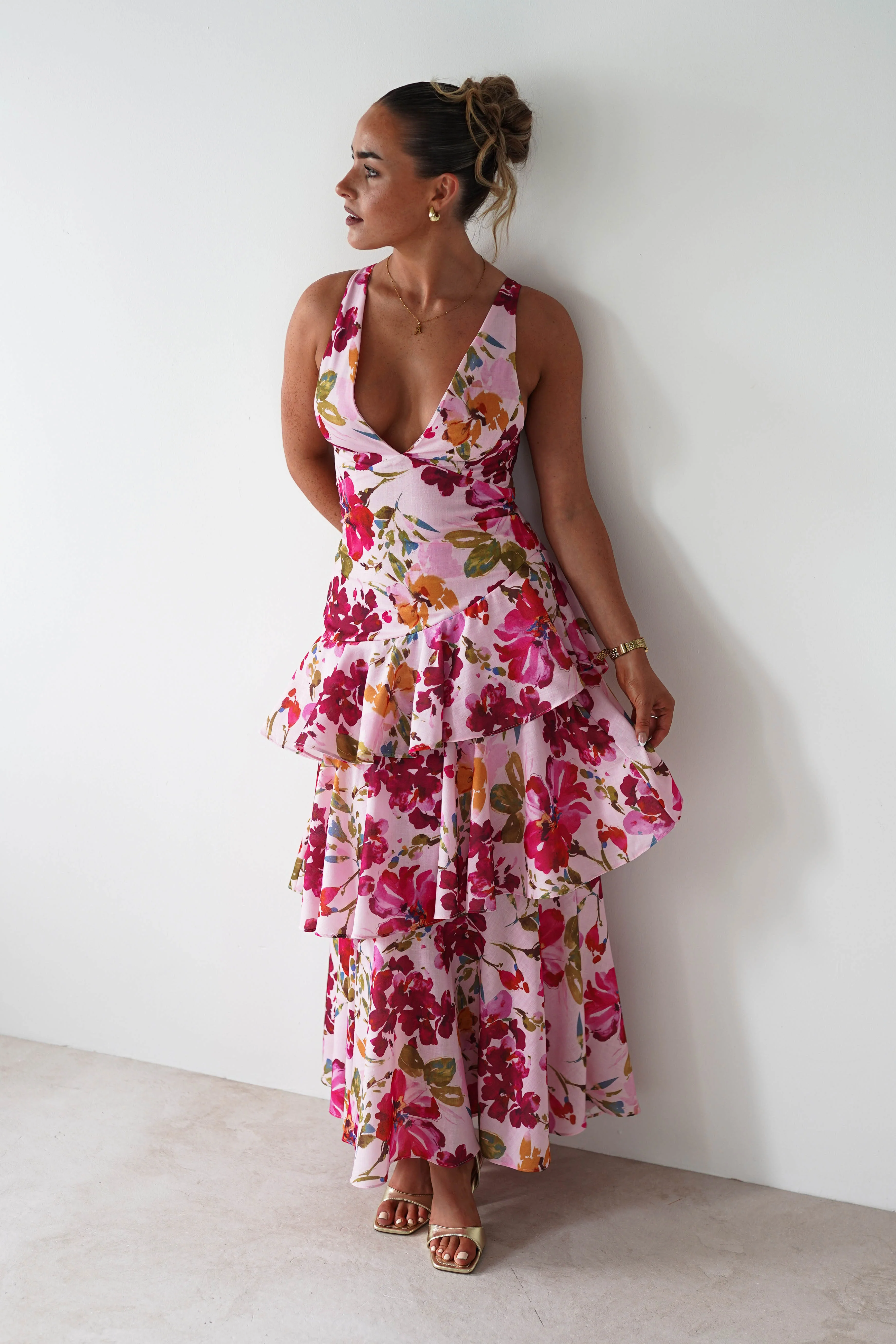 Katrina Floral Print Cotton Ruffle Maxi Dress | Pink - Image 9