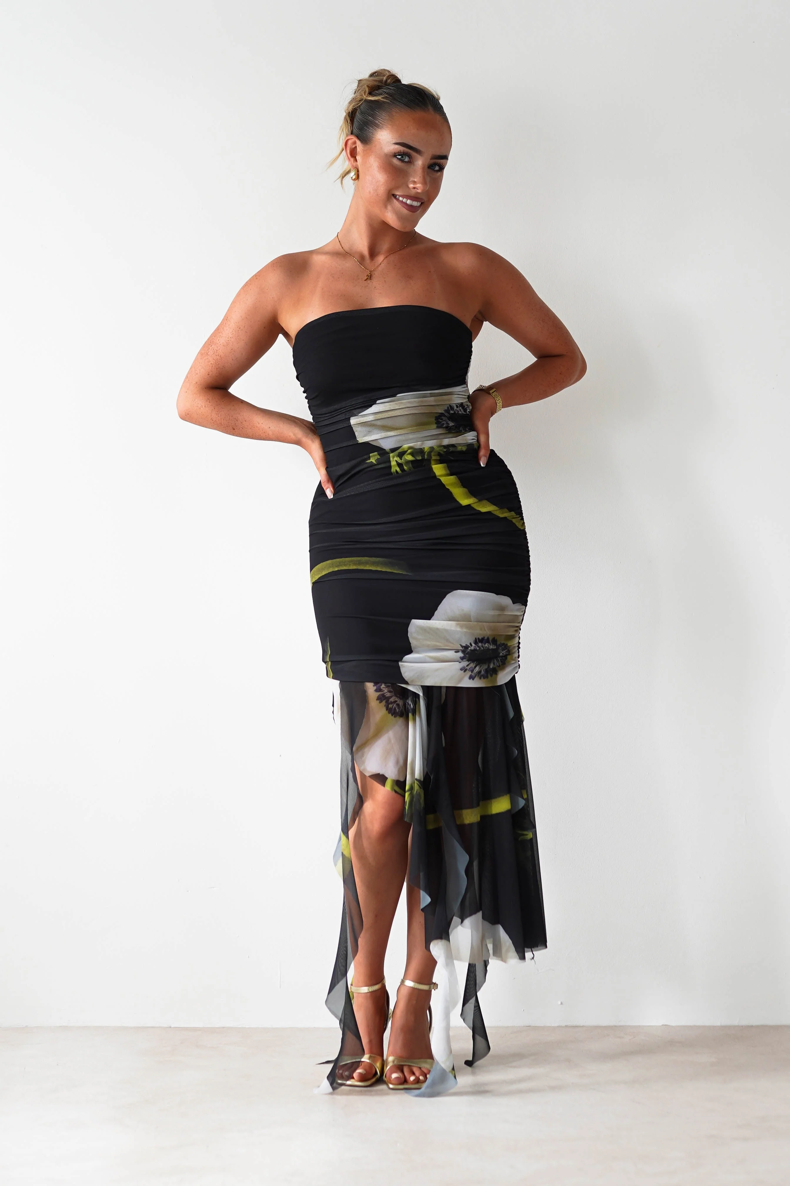 Kristie Strapless Mesh Midi Dress | Black - Image 6