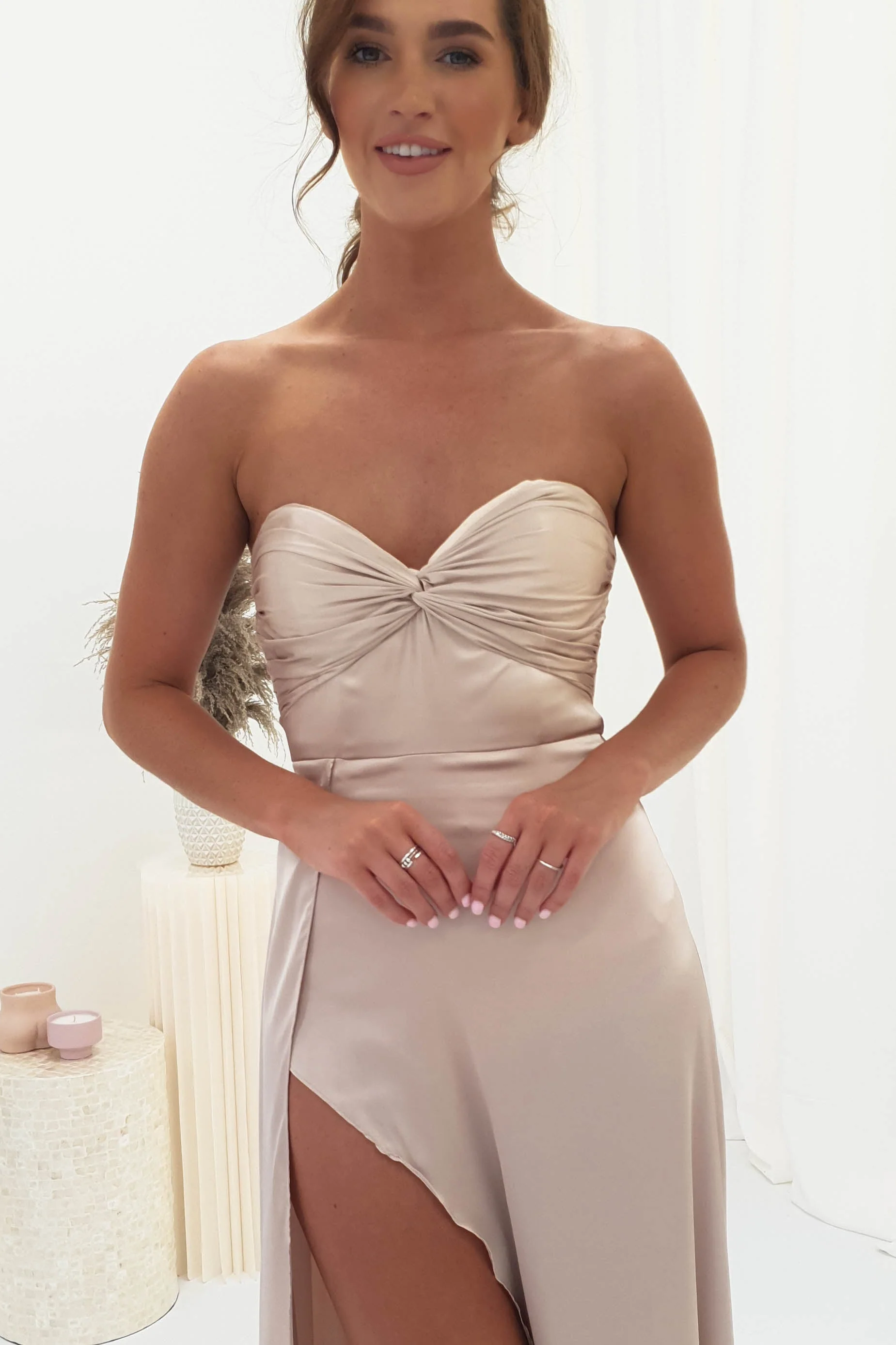 Krysta Soft Satin Long Strapless Gown | Champagne - Image 3