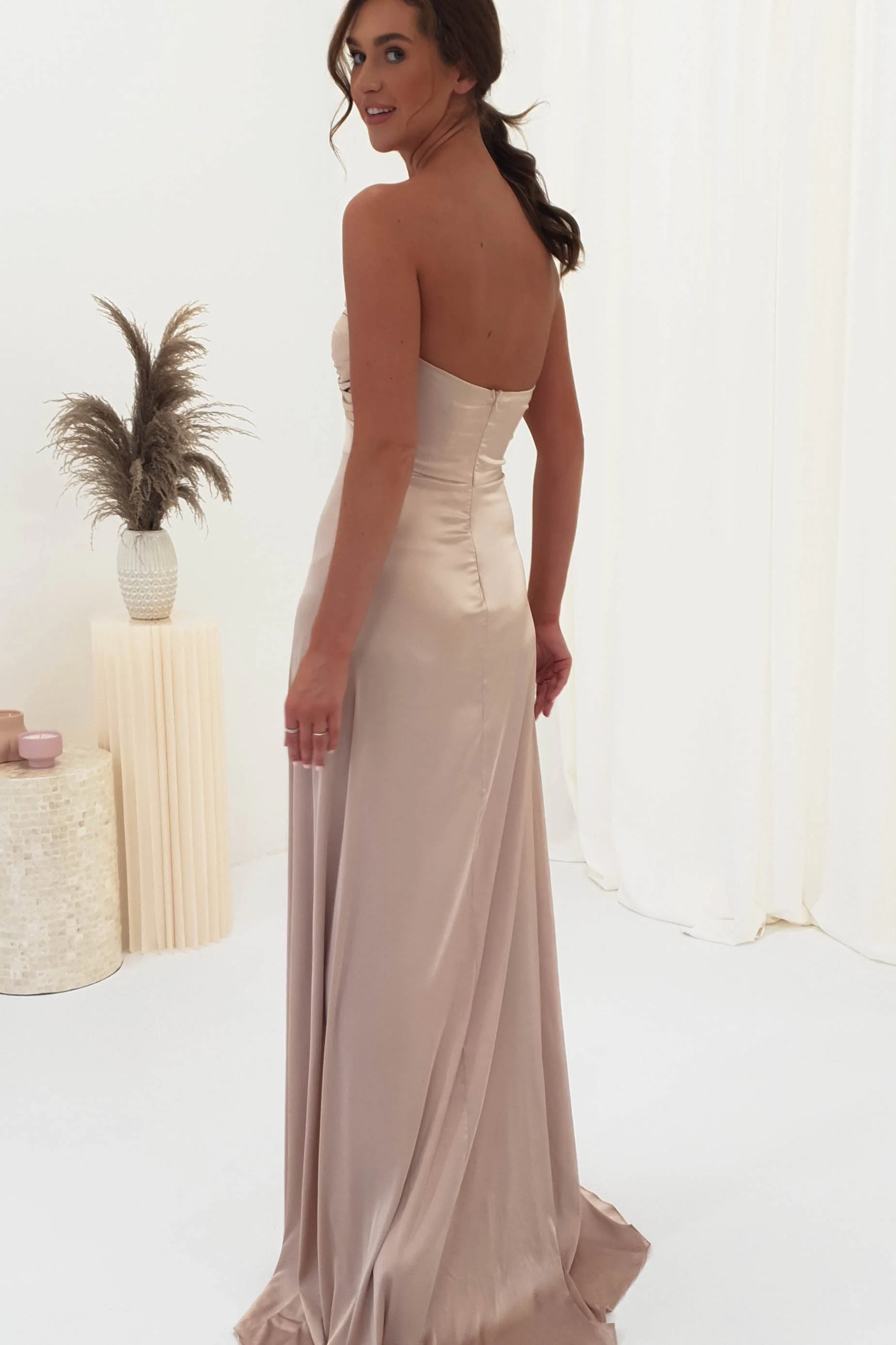 Krysta Soft Satin Long Strapless Gown | Champagne - Image 6