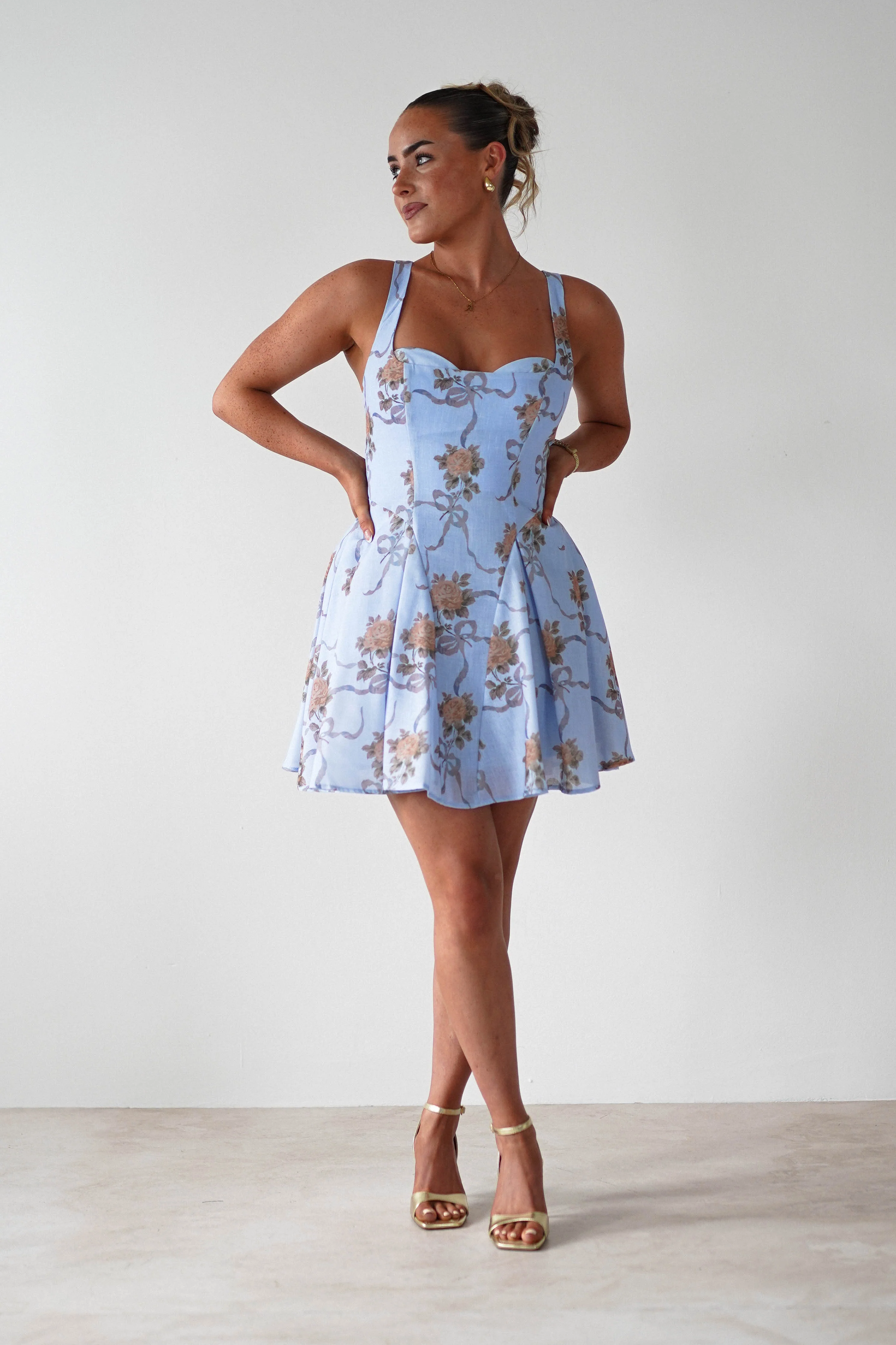 Mariel Floral Print Mini Skater Dress | Blue - Image 10