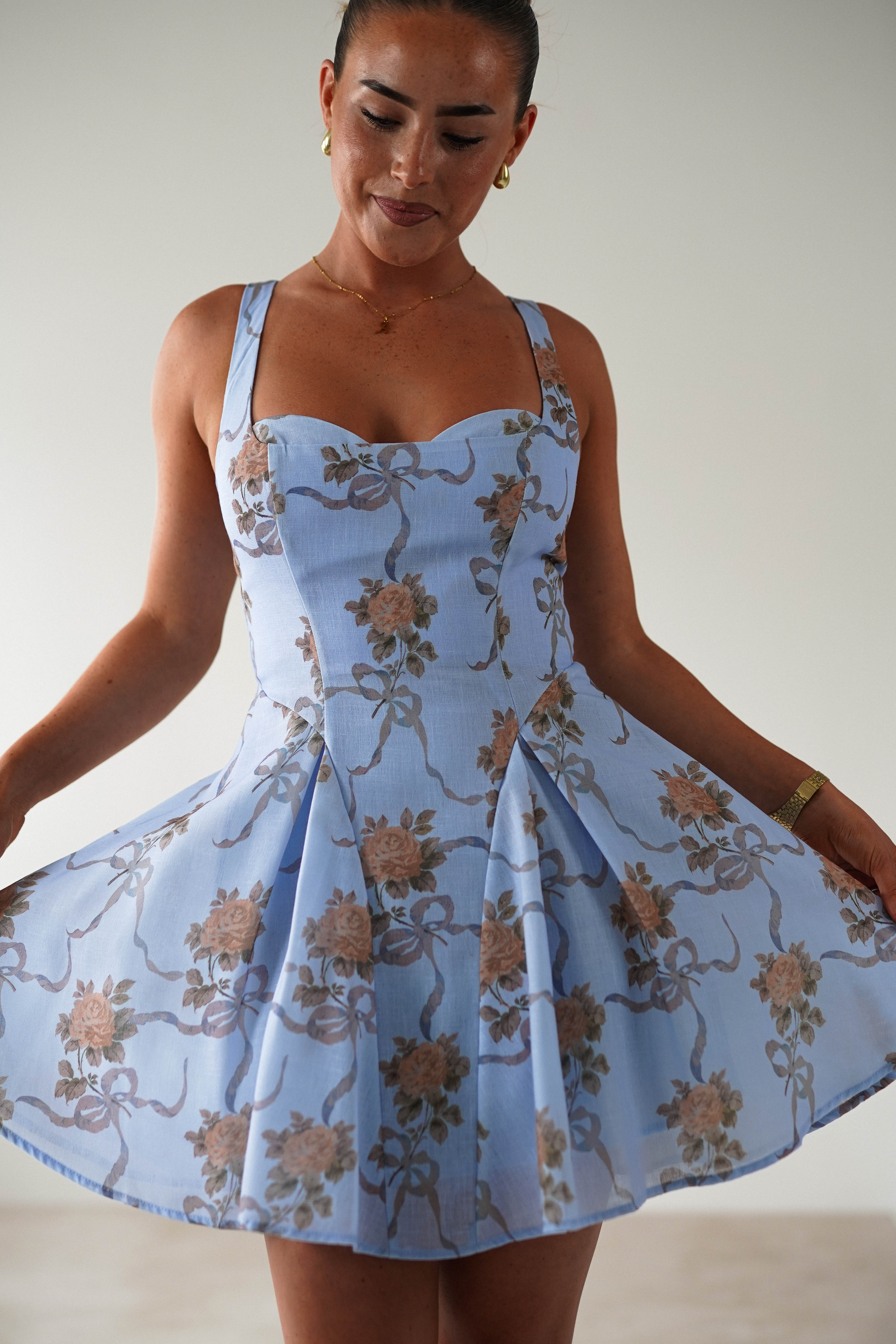 Mariel Floral Print Mini Skater Dress | Blue - Image 5