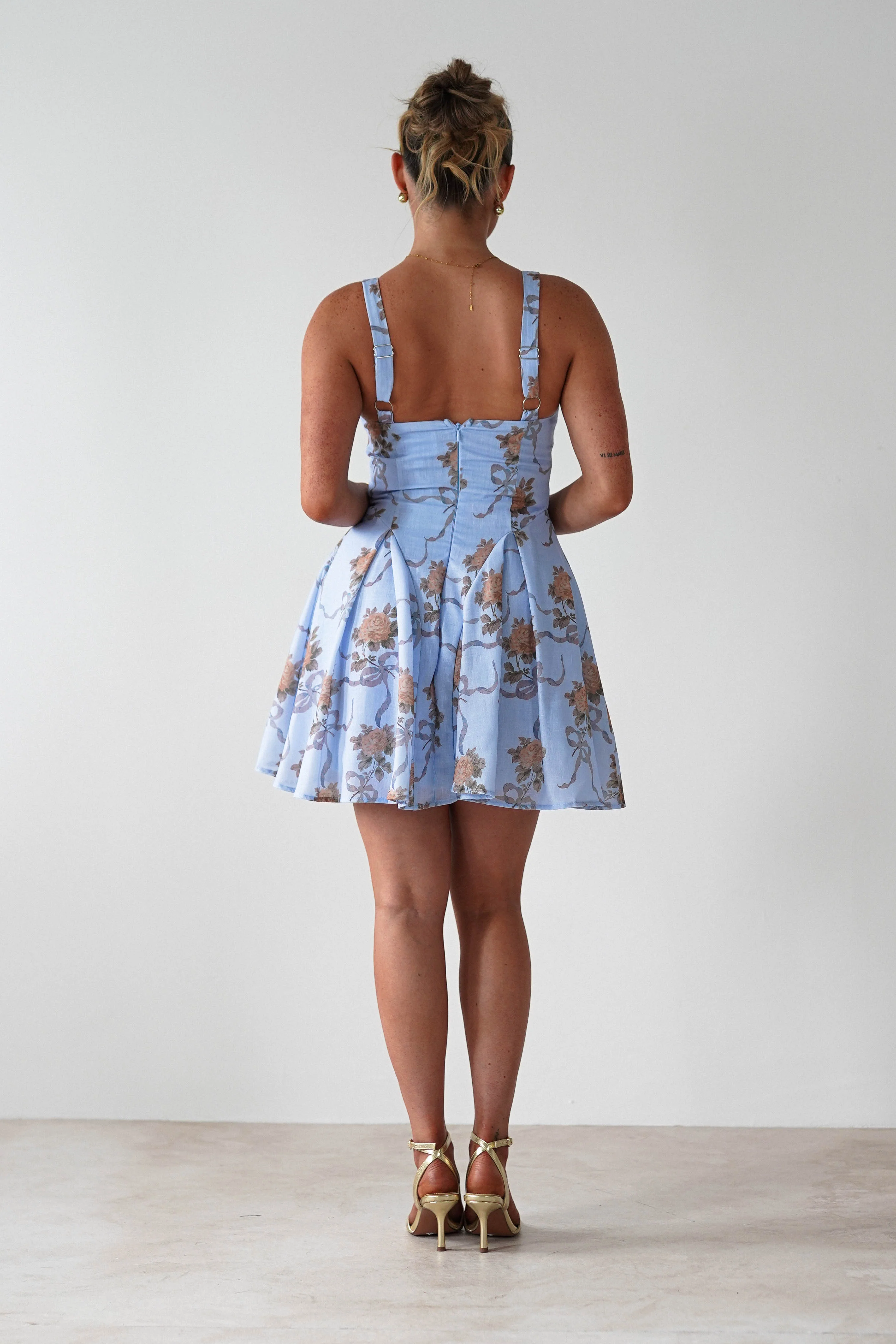 Mariel Floral Print Mini Skater Dress | Blue - Image 7