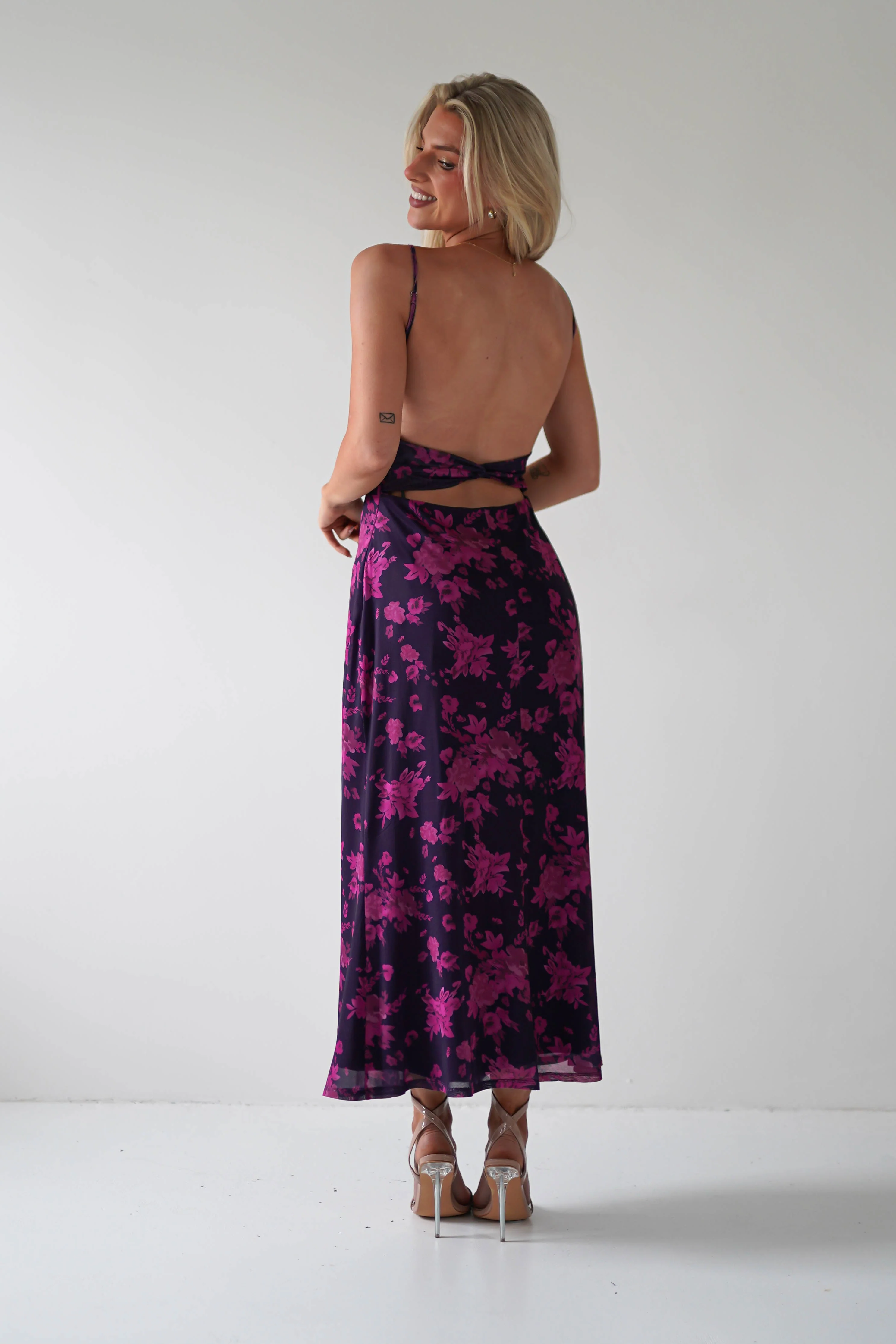 Merlo Low Back Midaxi Dress | Grape Print - Image 7