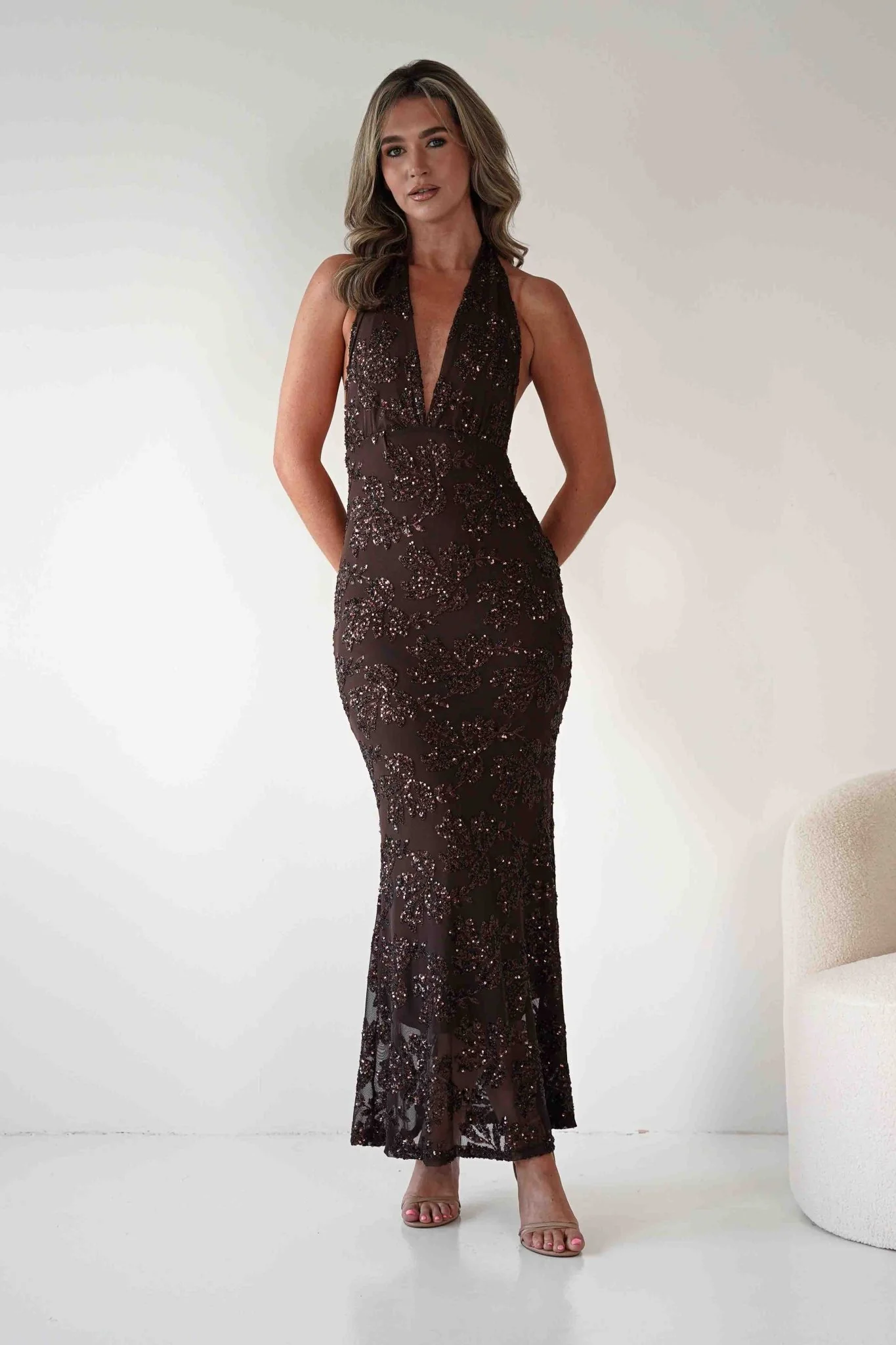 Michaela Halterneck Sequin Maxi Dress | Brown - Image 3