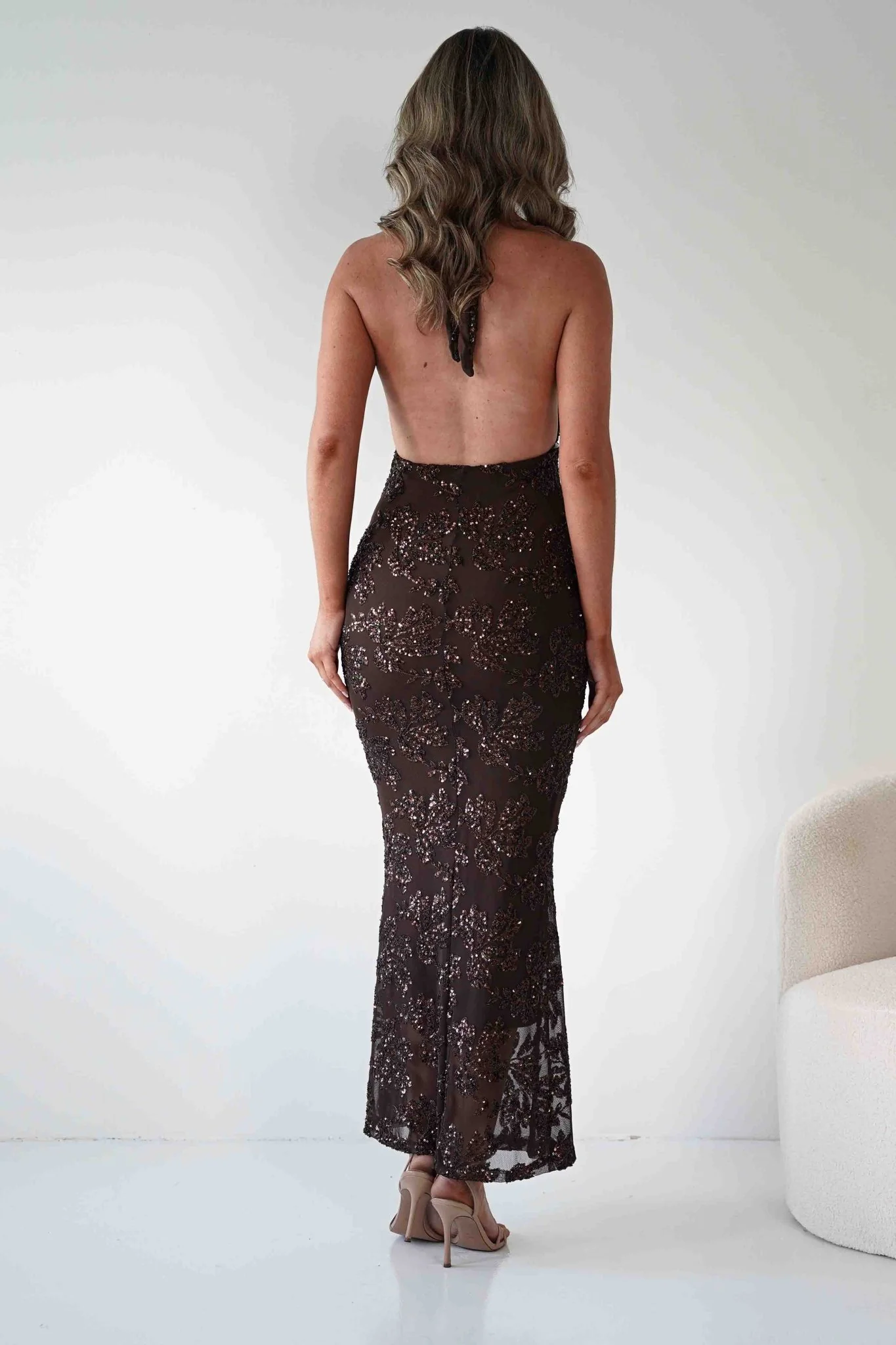 Michaela Halterneck Sequin Maxi Dress | Brown - Image 4