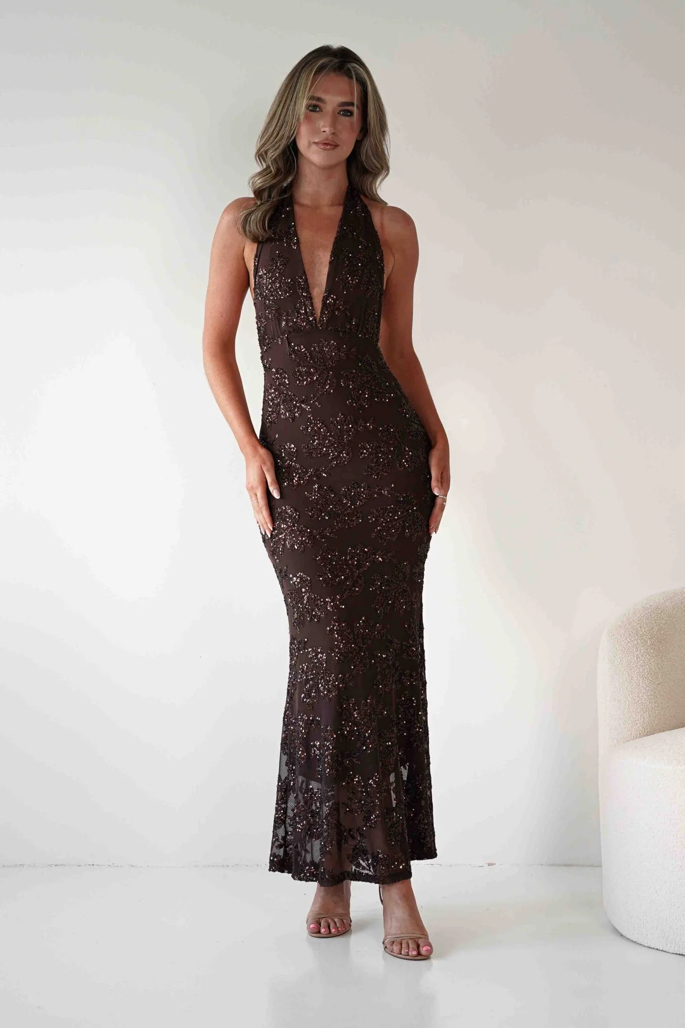 Michaela Halterneck Sequin Maxi Dress | Brown - Image 6