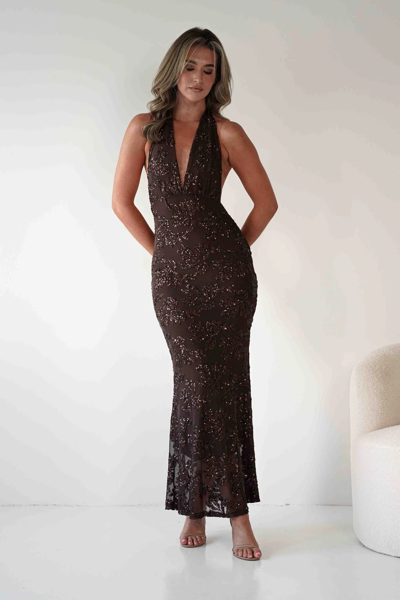 Michaela Halterneck Sequin Maxi Dress | Brown - Image 7