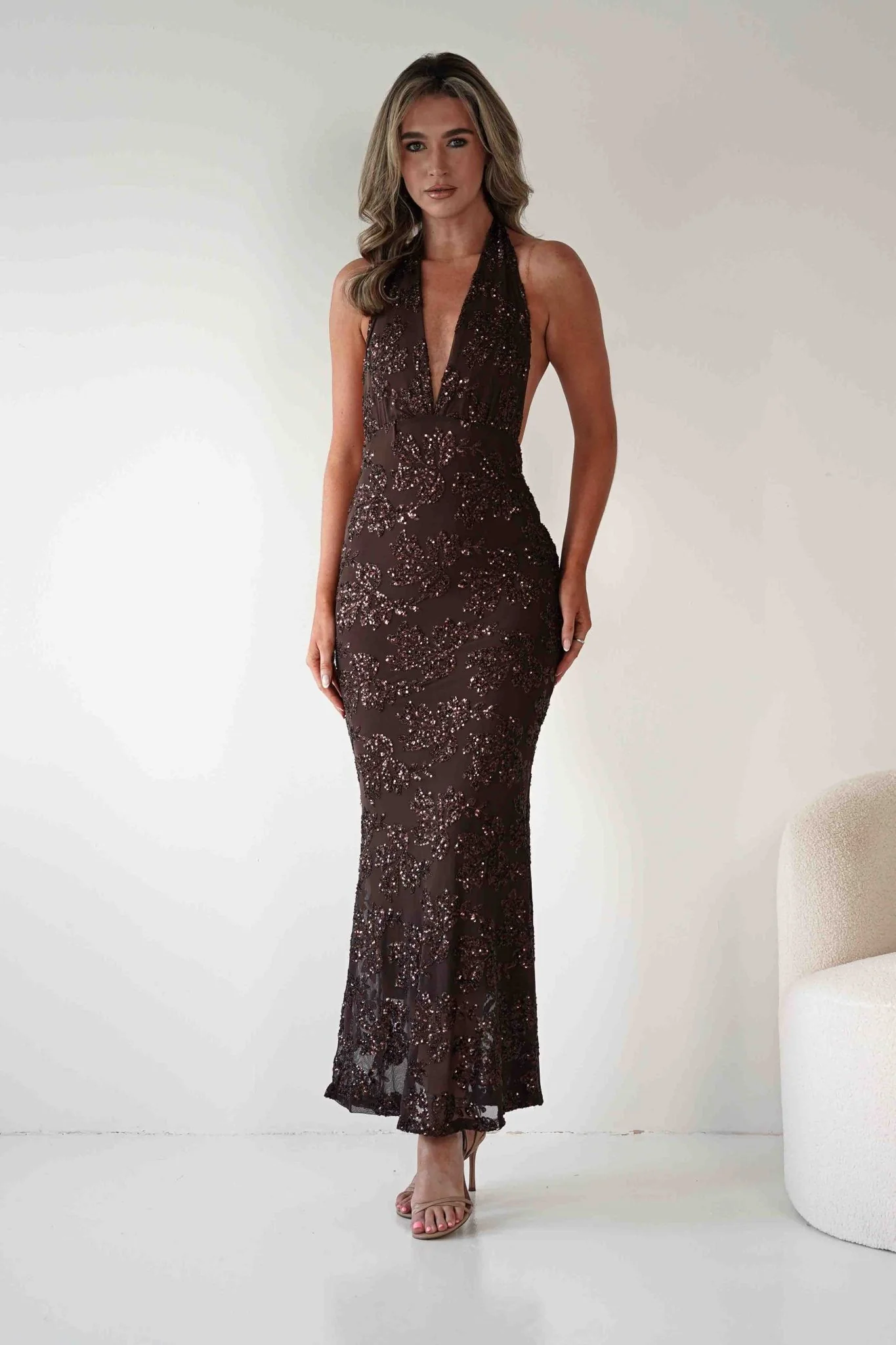 Michaela Halterneck Sequin Maxi Dress | Brown - Image 8