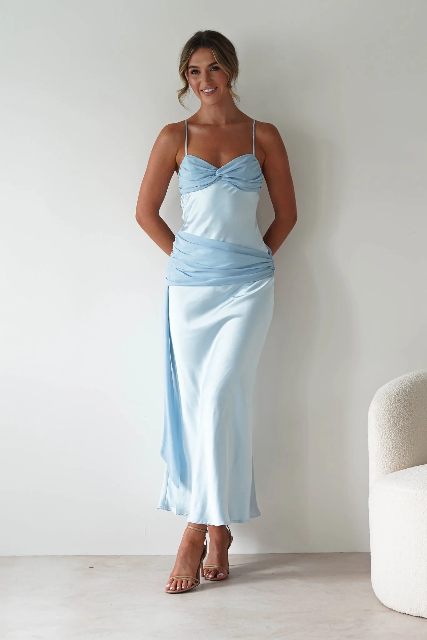 Natasha Satin Draped Maxi Dress | Blue - Image 9