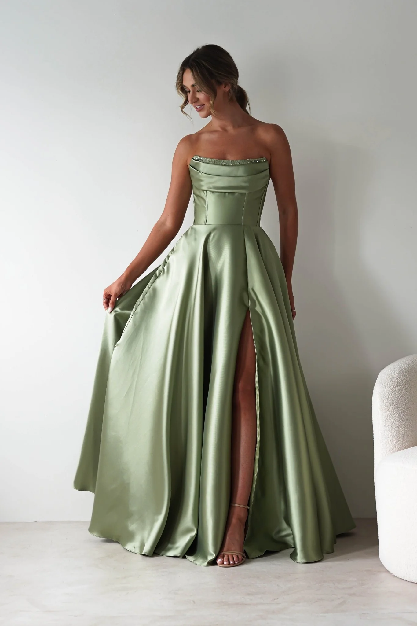 Pepper Strapless A-Line Maxi Gown | Sage - Image 15