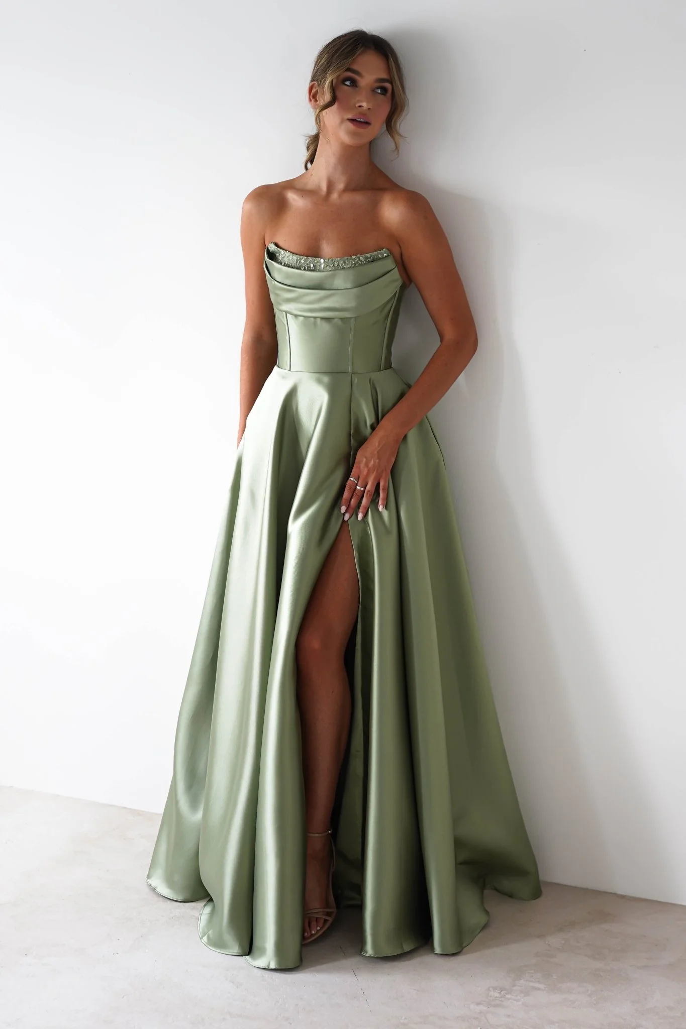 Pepper Strapless A-Line Maxi Gown | Sage - Image 3