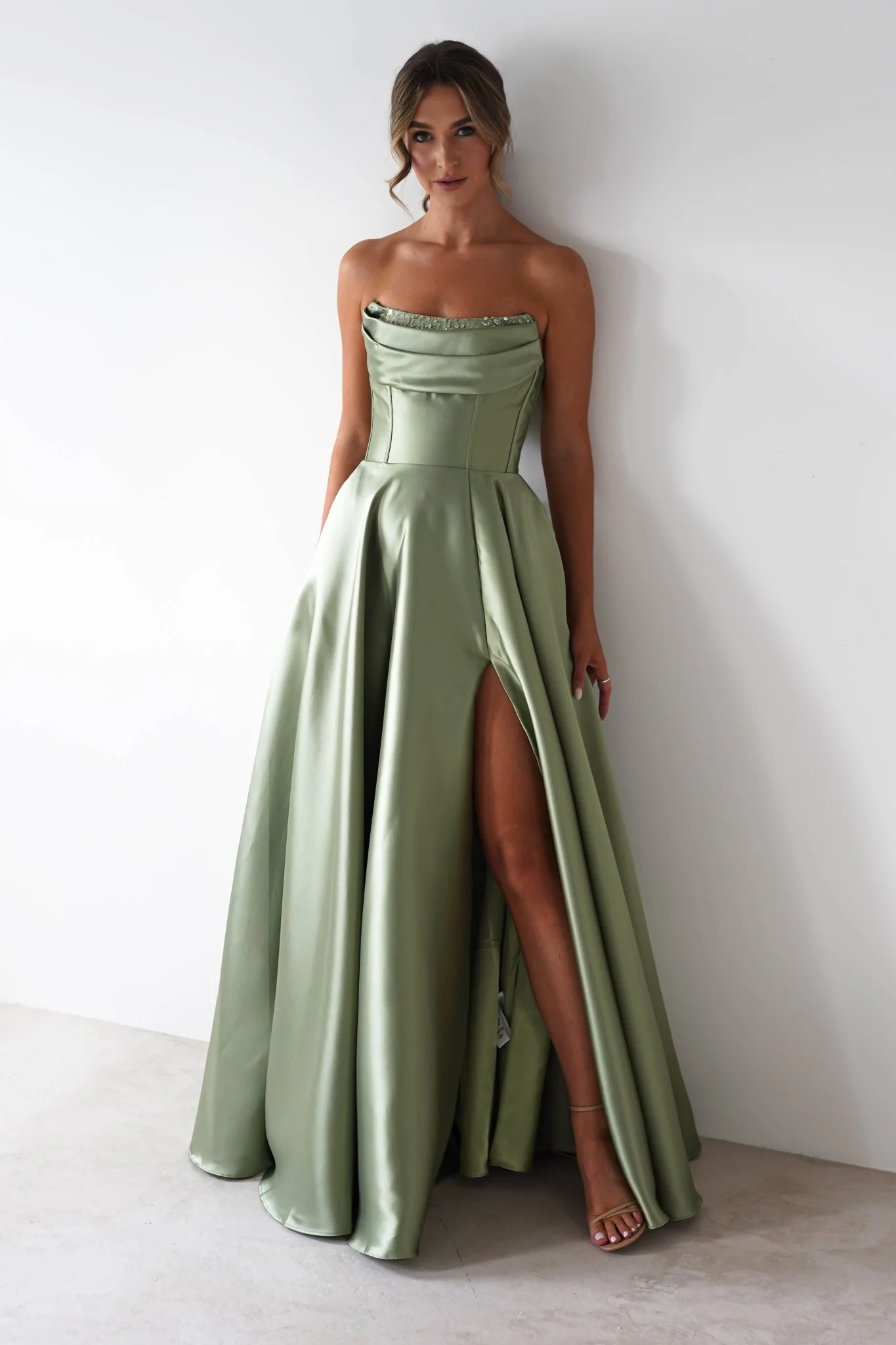 Pepper Strapless A-Line Maxi Gown | Sage - Image 4