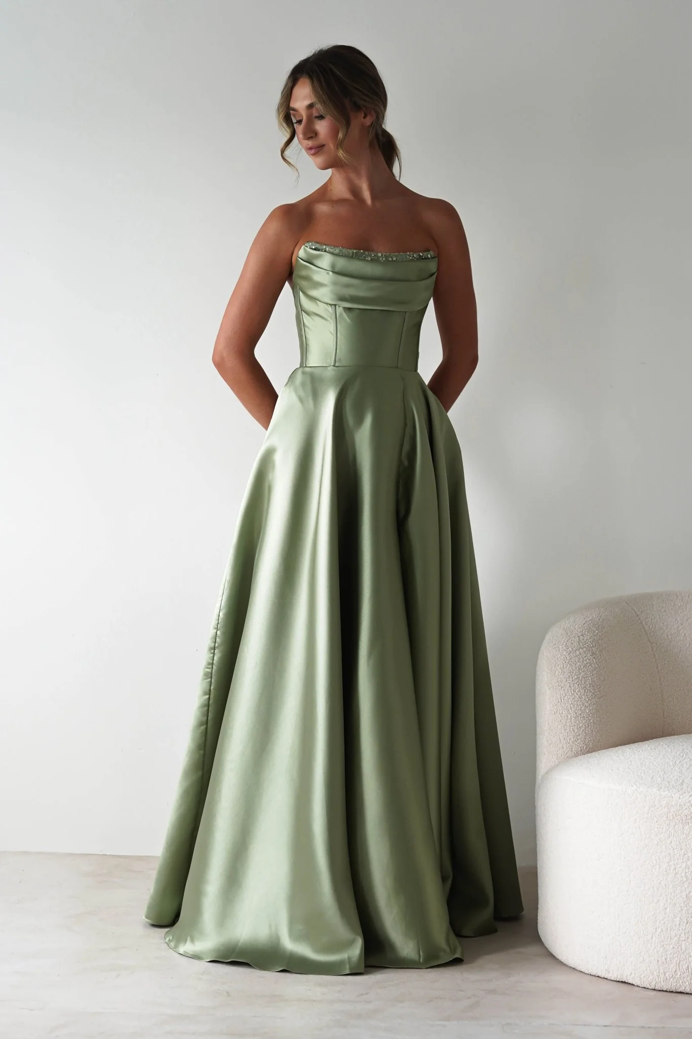Pepper Strapless A-Line Maxi Gown | Sage - Image 9