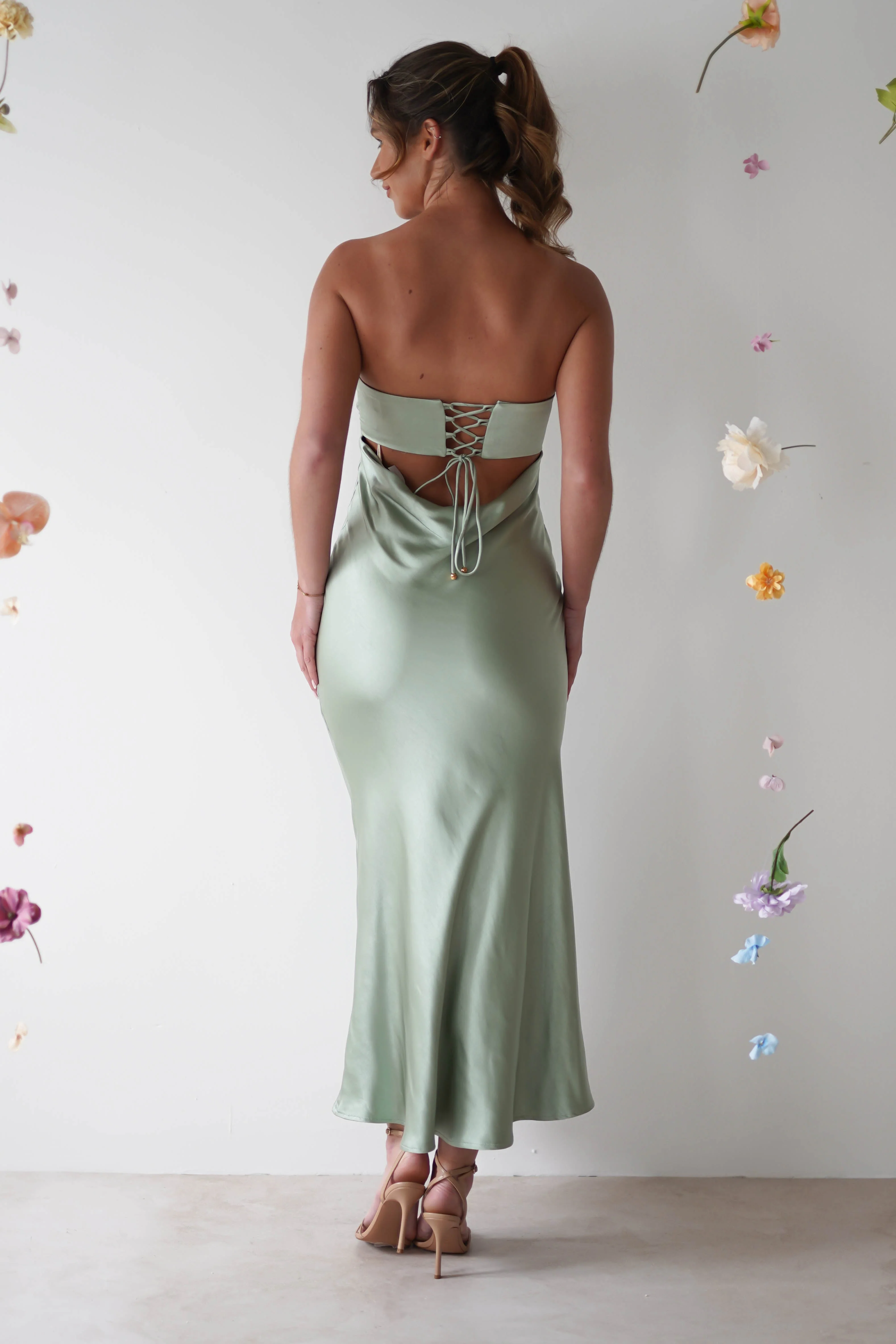 Rochelle Soft Satin Maxi Dress | Sage Green - Image 9