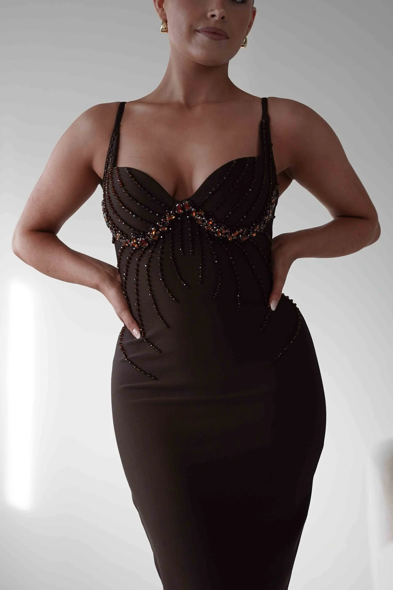 Ruby Intricate Beaded Bandage Dress | Brown - Image 10