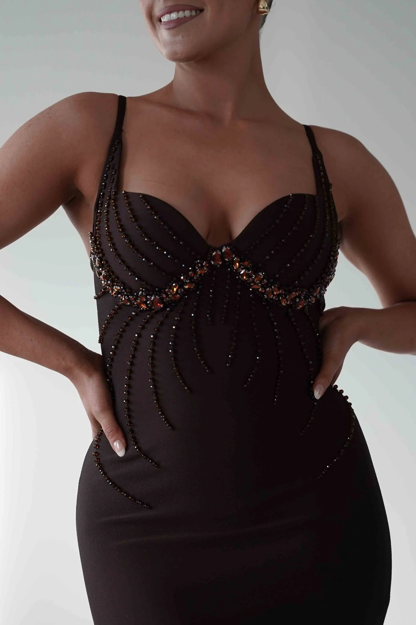 Ruby Intricate Beaded Bandage Dress | Brown - Image 11