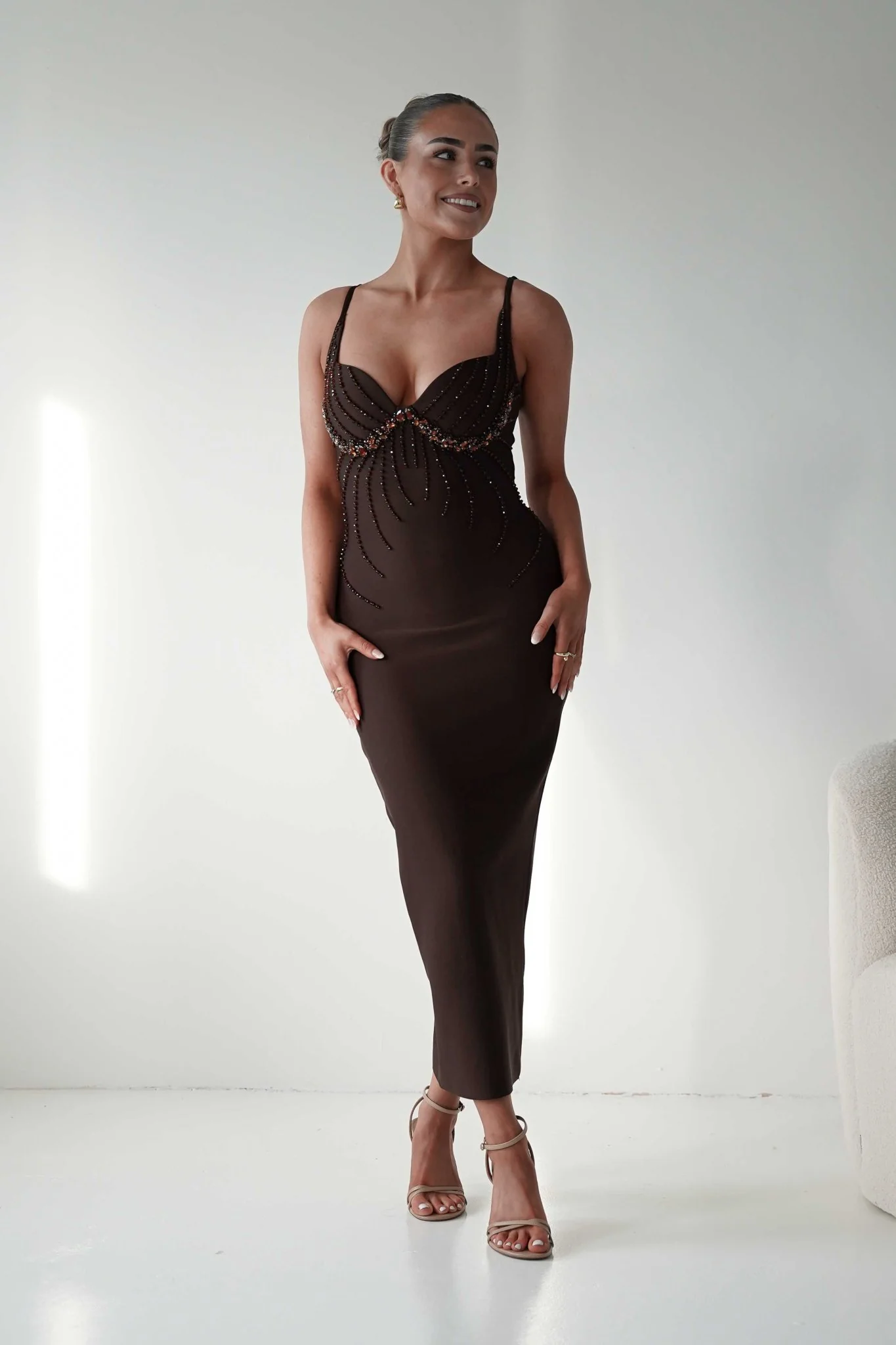 Ruby Intricate Beaded Bandage Dress | Brown - Image 5