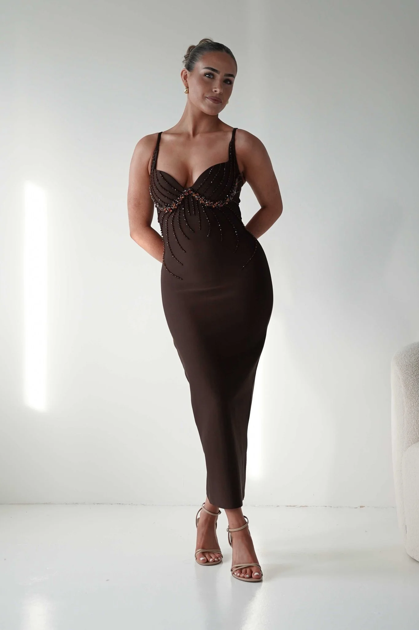 Ruby Intricate Beaded Bandage Dress | Brown - Image 6