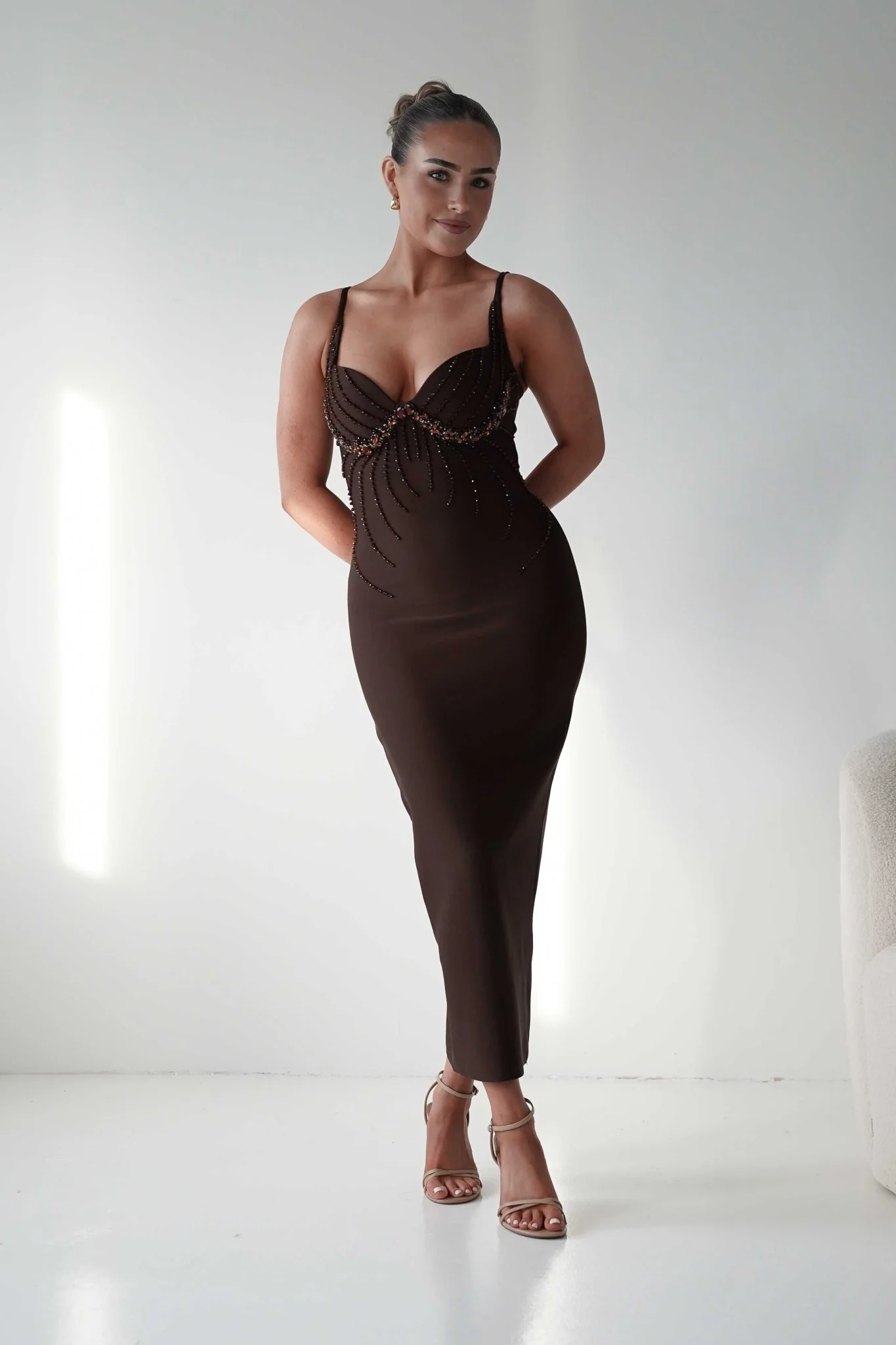 Ruby Intricate Beaded Bandage Dress | Brown - Image 7