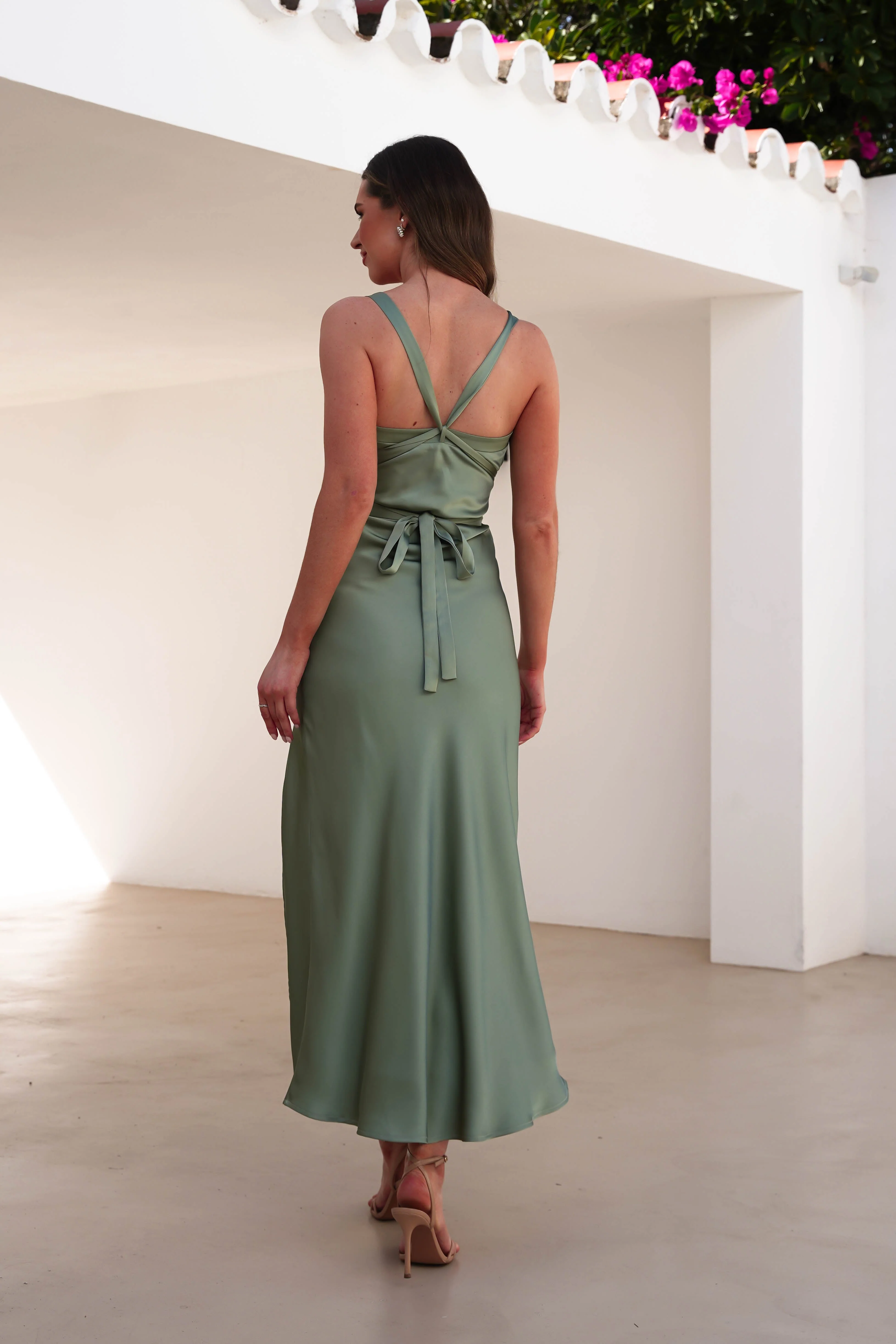 Salma Soft Matte Satin Midaxi Dress | Olive - Image 3