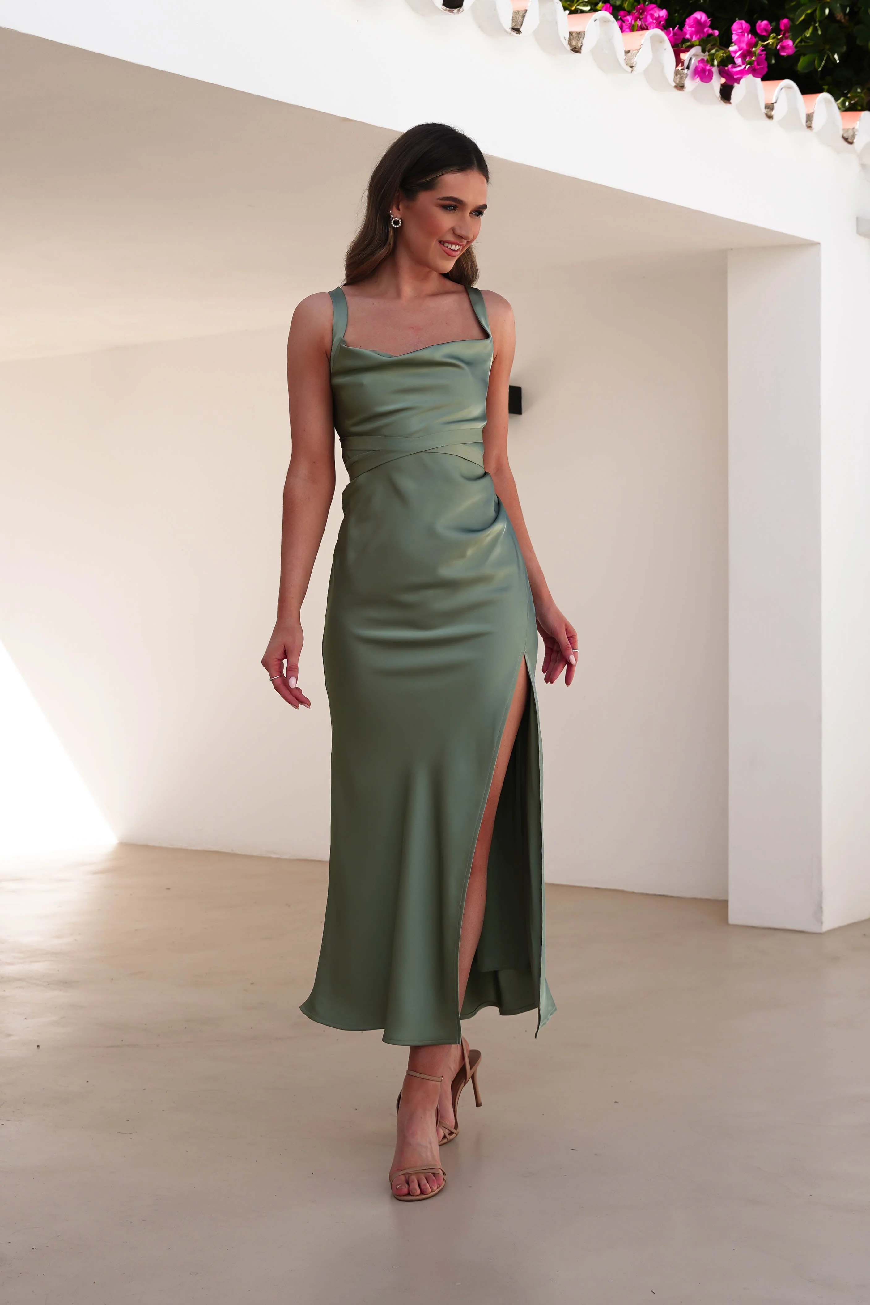 Salma Soft Matte Satin Midaxi Dress | Olive - Image 4