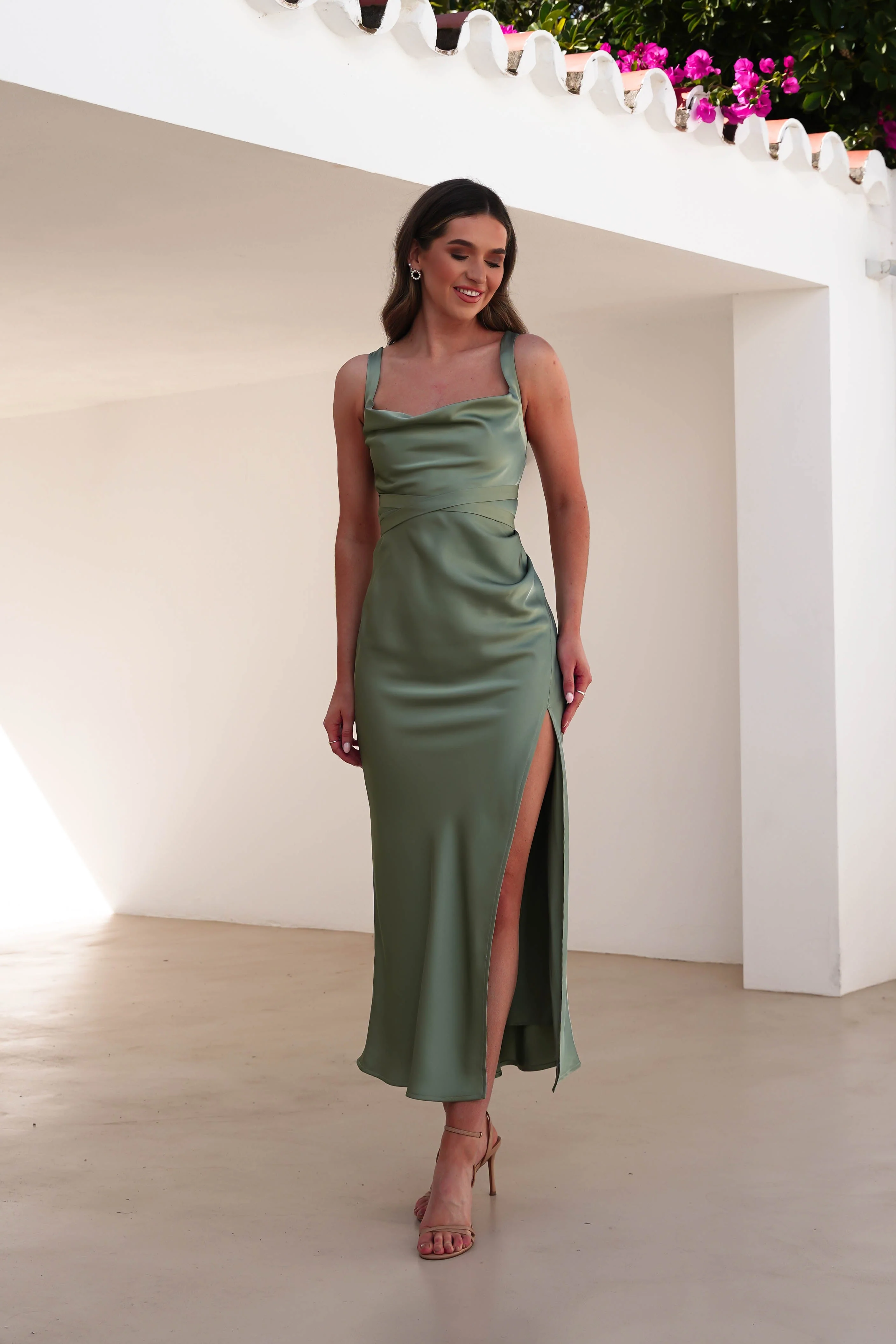 Salma Soft Matte Satin Midaxi Dress | Olive - Image 5