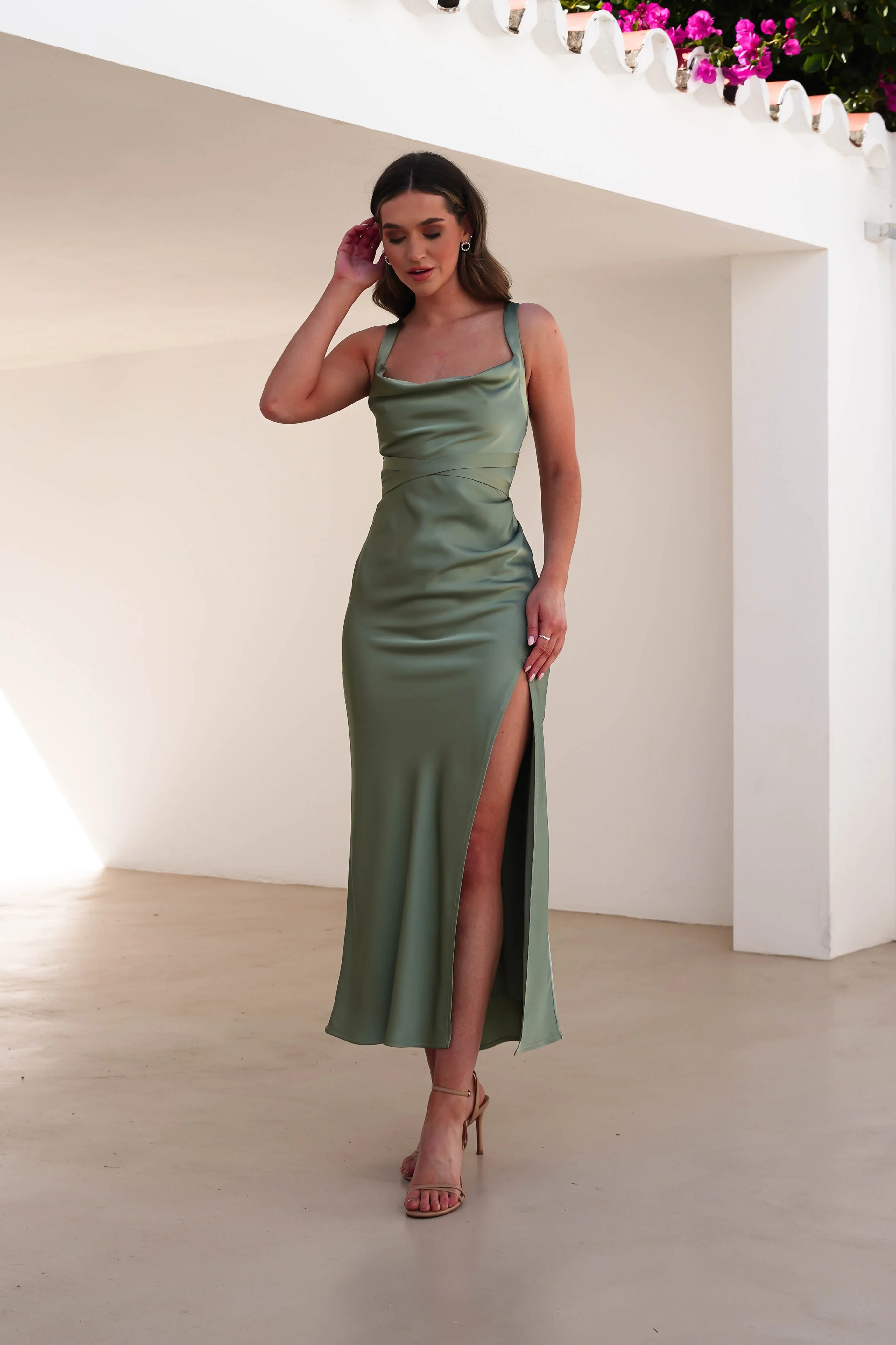 Salma Soft Matte Satin Midaxi Dress | Olive - Image 6