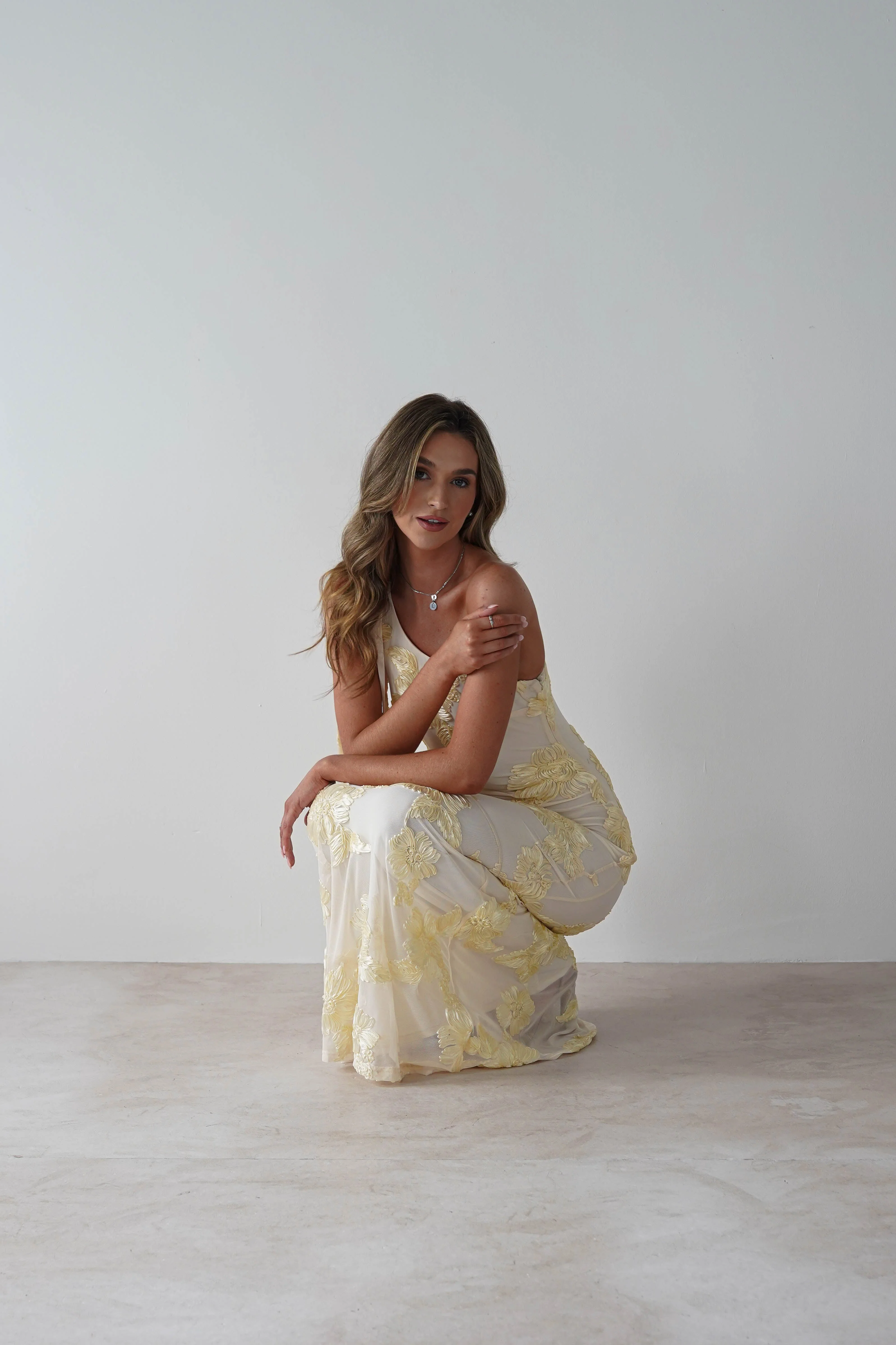 Thelma Floral Textured Maxi Dress | Light Yellow - Image 7