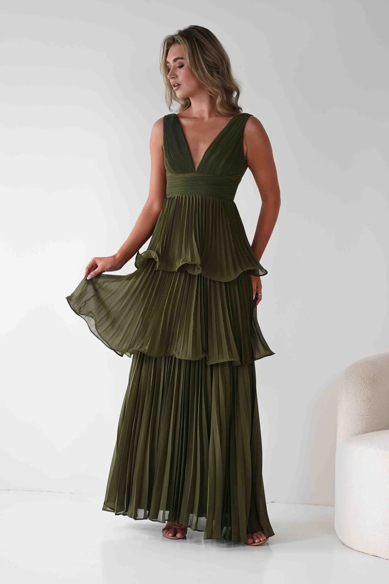Vina Tiered Pleated Layered Maxi Dress | Dark Olive - Image 4