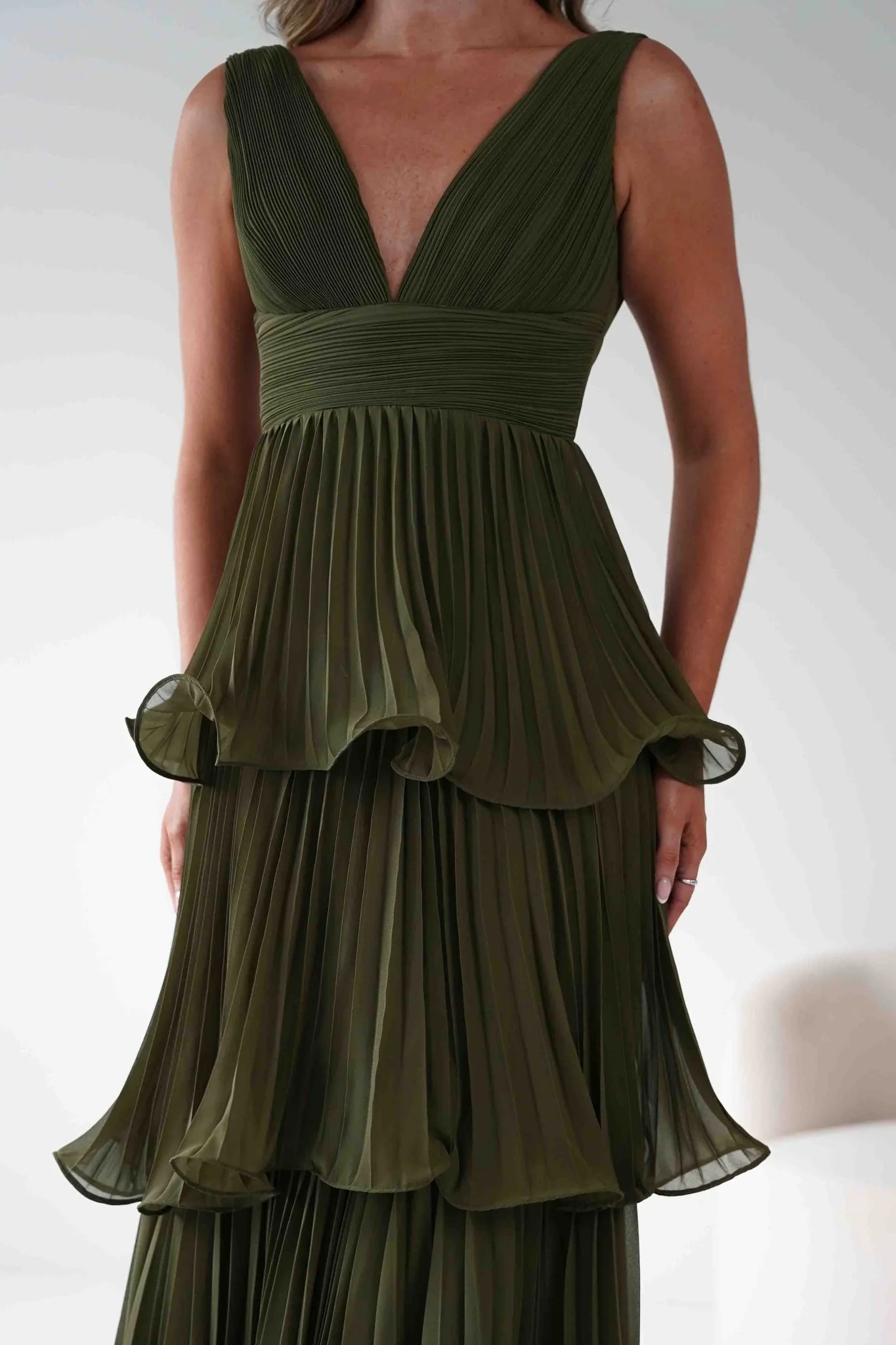 Vina Tiered Pleated Layered Maxi Dress | Dark Olive - Image 5