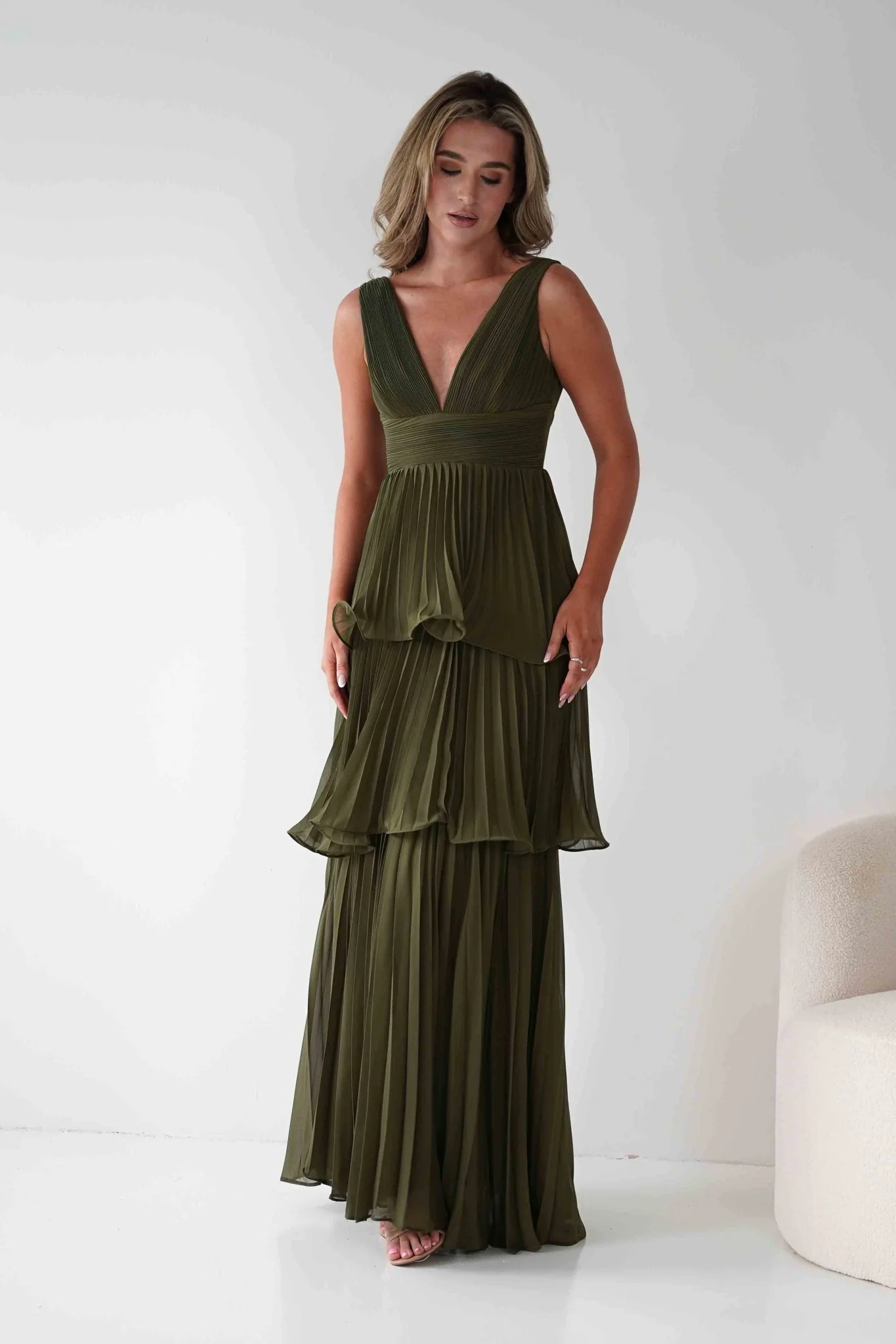 Vina Tiered Pleated Layered Maxi Dress | Dark Olive - Image 6