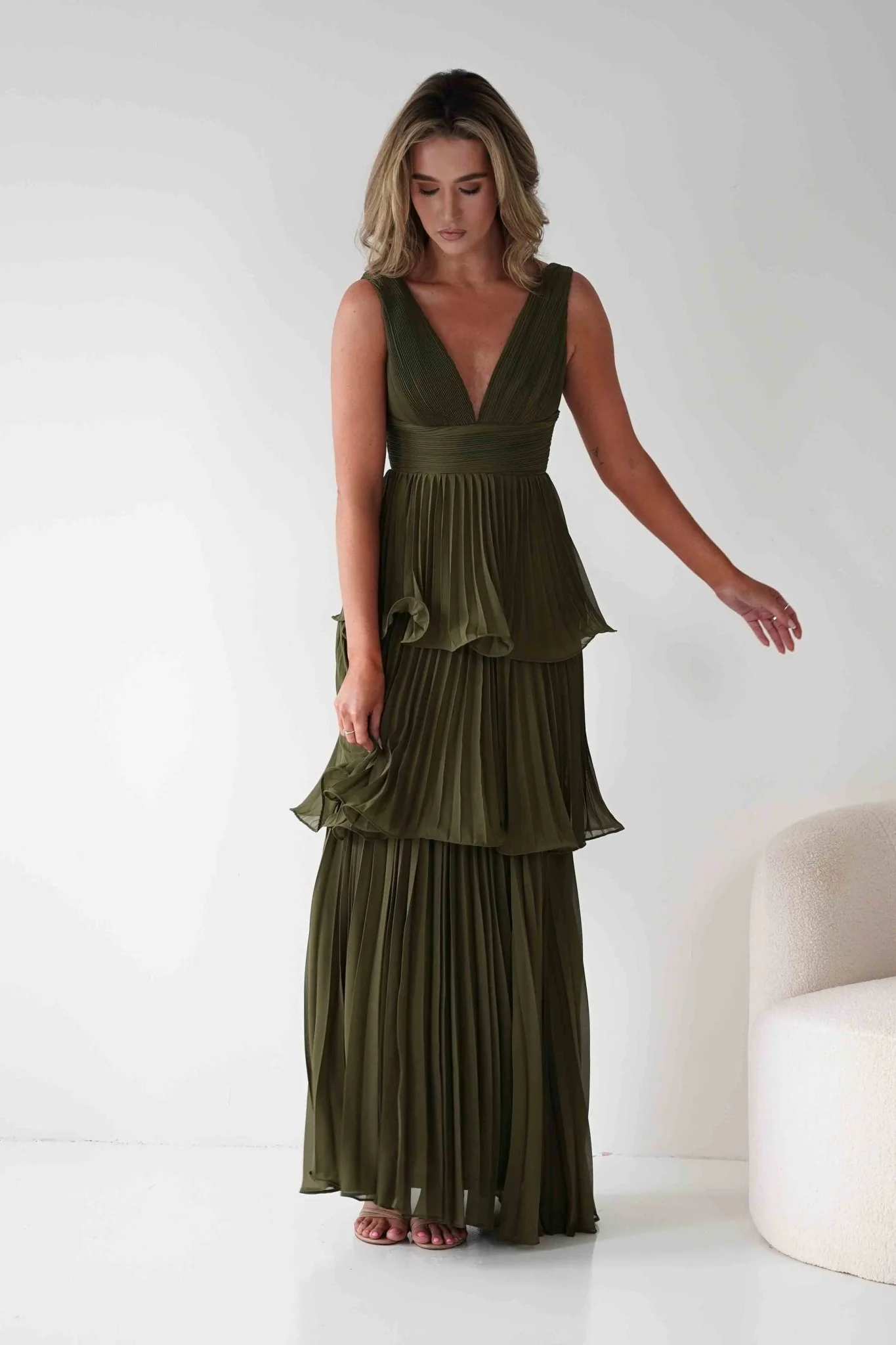 Vina Tiered Pleated Layered Maxi Dress | Dark Olive - Image 7