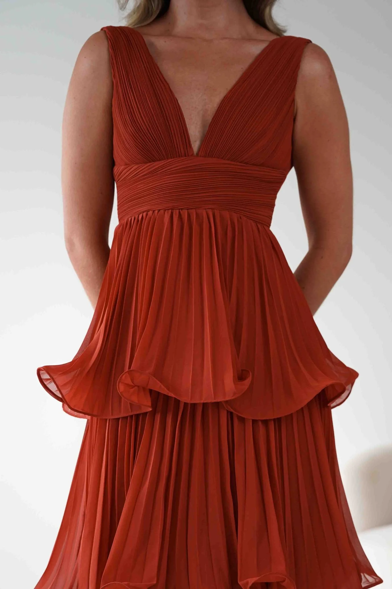 Vina Tiered Pleated Layered Maxi Dress | Rust - Image 4