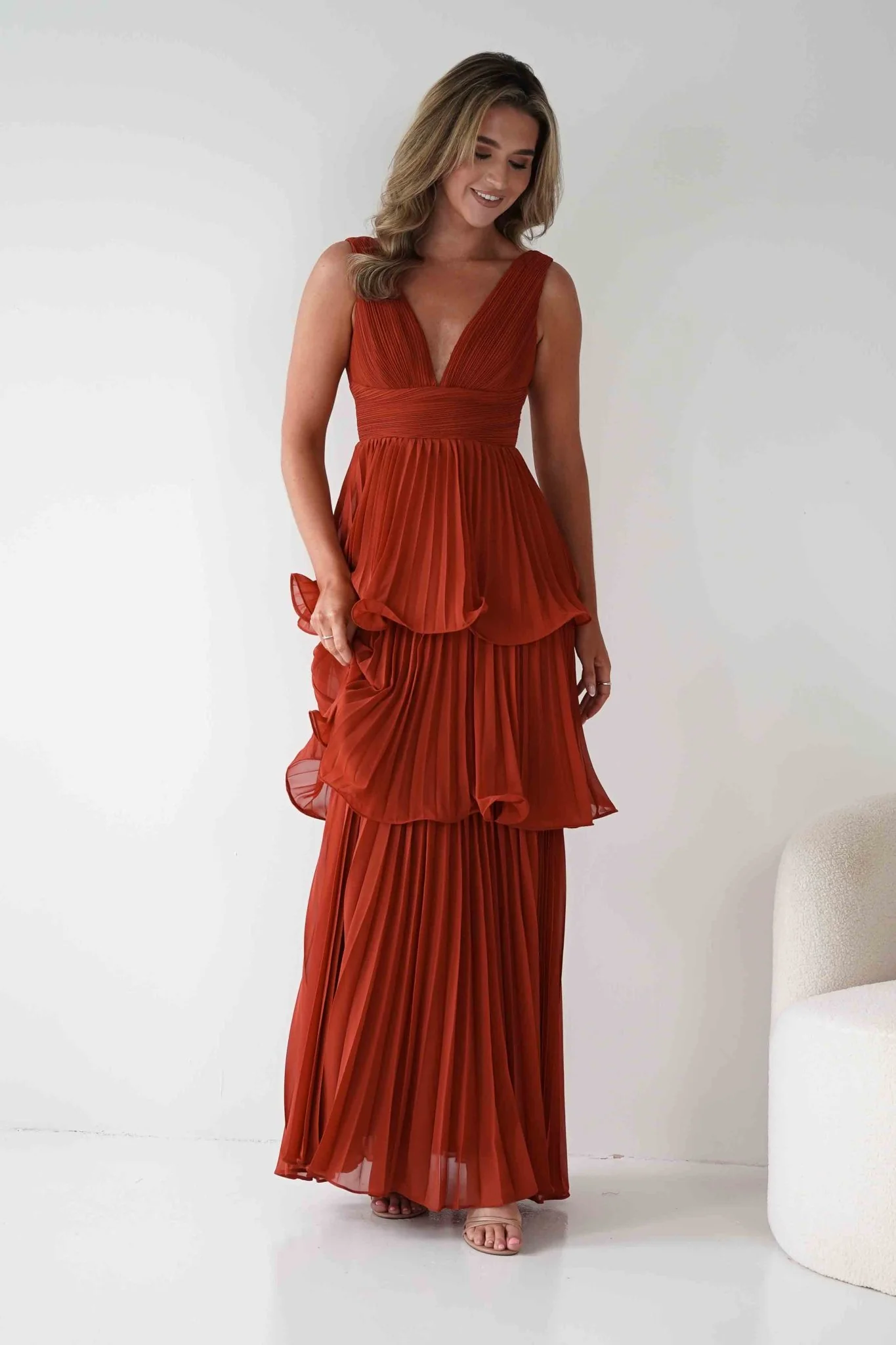 Vina Tiered Pleated Layered Maxi Dress | Rust - Image 6