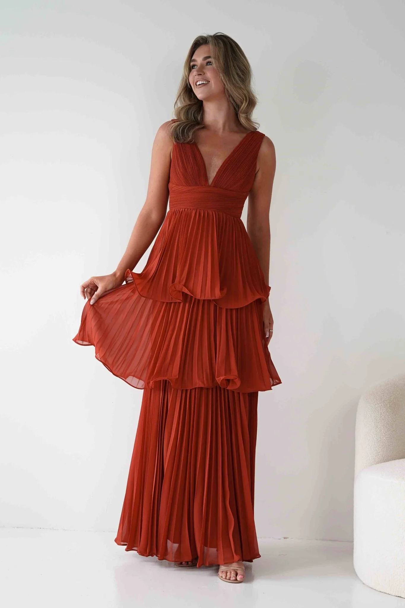 Vina Tiered Pleated Layered Maxi Dress | Rust - Image 7