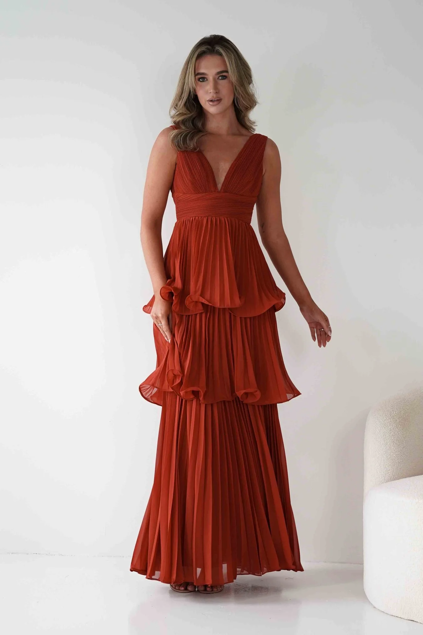 Vina Tiered Pleated Layered Maxi Dress | Rust - Image 8