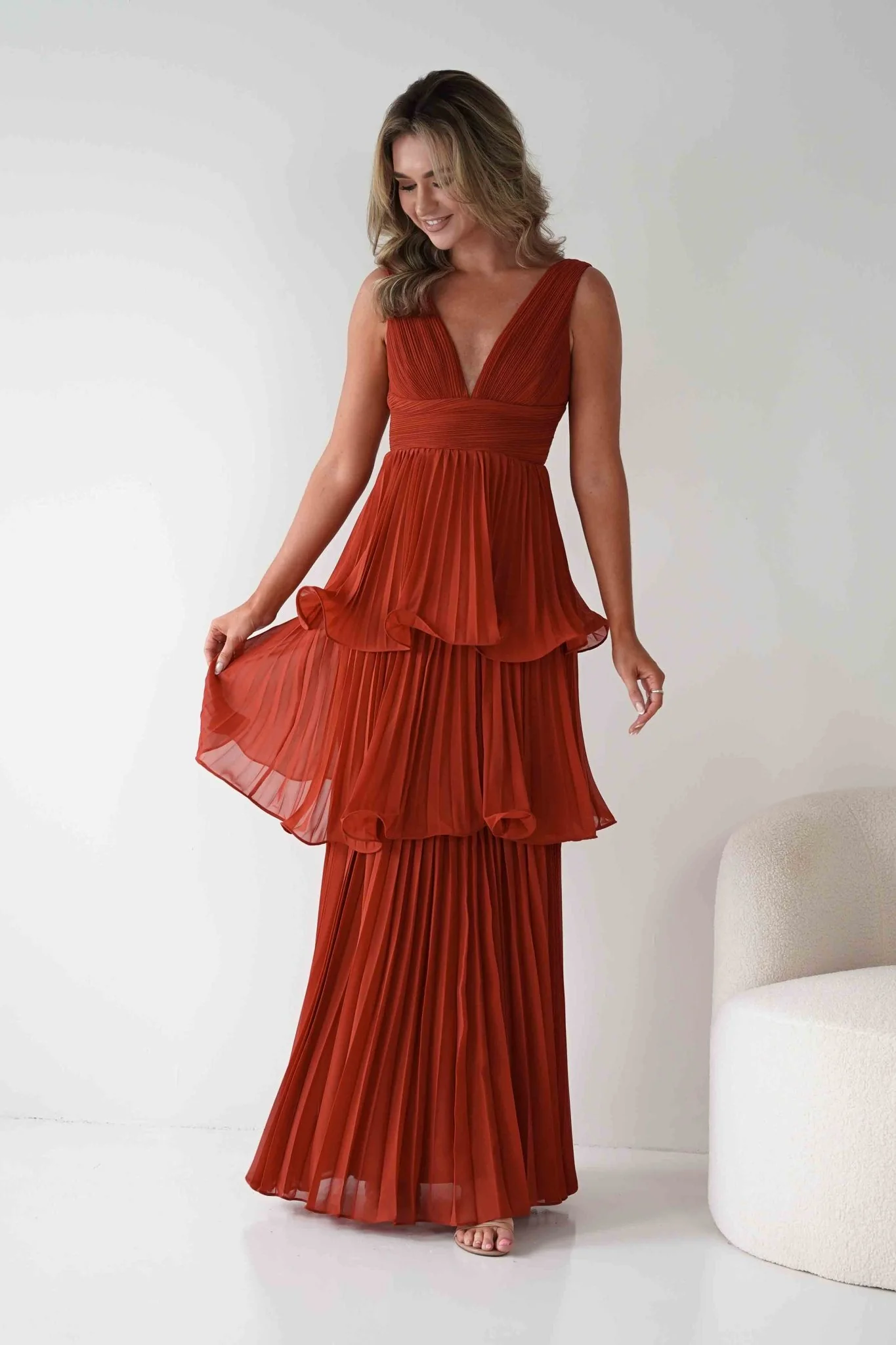 Vina Tiered Pleated Layered Maxi Dress | Rust - Image 9